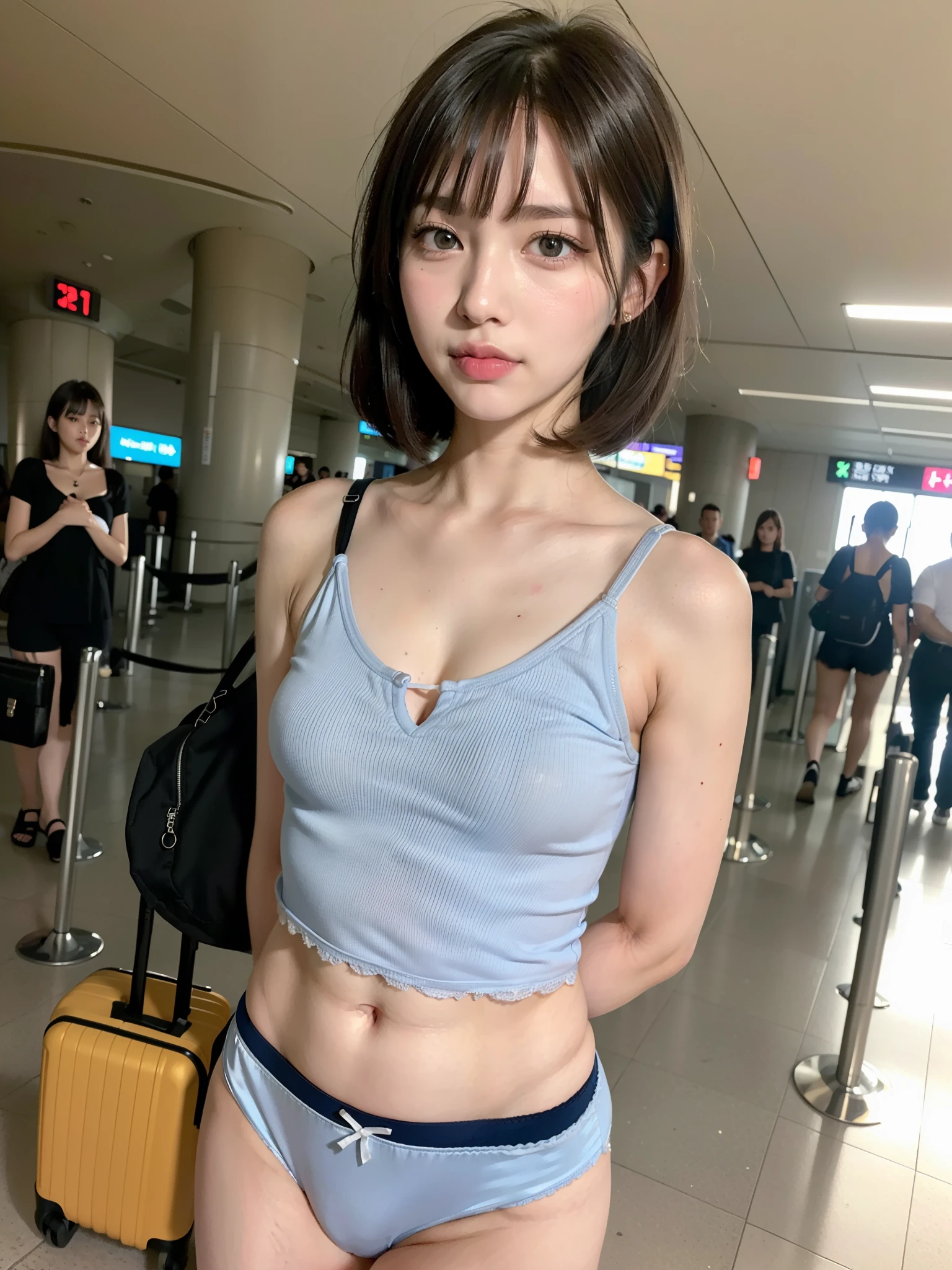 ((Best of the highest quality, 8k, Masterpiece: 1.3, raw photo)), Sharp focus: 1.2, (1 AESPA girl: 1.1), (Solo: 1.18), (realistic, photo-realistic:1.37), face focus, cute face, finely eyes, (Small breasts, flat chest, Thigh: 1.3), short messy hair, updo, (full nude, squatting, spread legs: 1.2), terminal, airport, flower