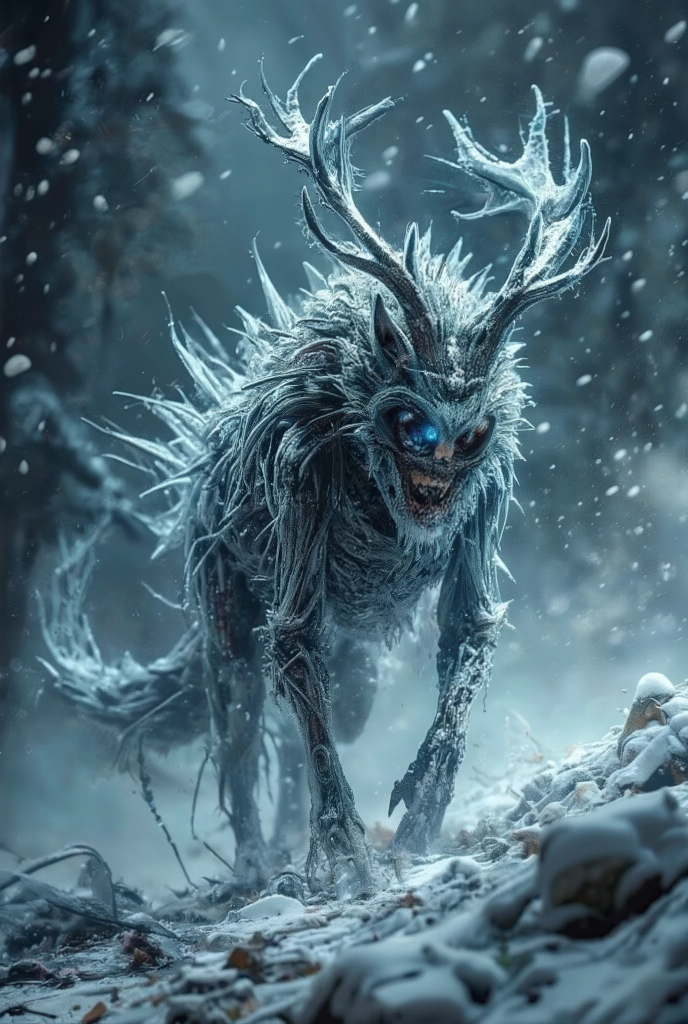 Horror scene, outlast, silent hill atmosphere. A horrifying hybrid of a stag and a wolf emerges from the snowy forest. Its body is a blend of fur and icy bone-like antlers sprouting from its spine. Its head is a chilling mix of a stag’s antlers and a wolf’s snarling mouth, with glowing icy-blue eyes. Snowflakes swirl around it as it prowls the hill, leaving bloody hoof and claw prints behind, (Ultra-realistic, 32k, Masterpiece, High Quality, Detailed Realistic Background, Official Art, Realistic Lighting, filmfotos, film grain, reversal film photography), Mysterious