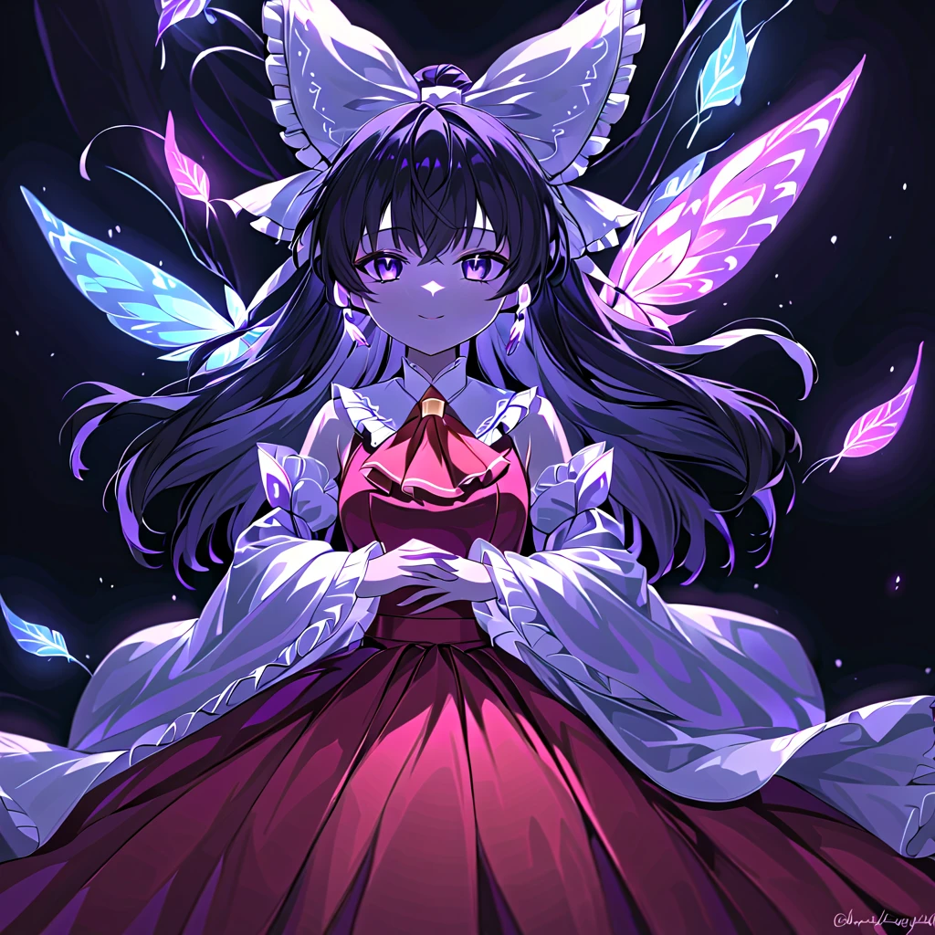 unexpected beauty, memorable masterpieces, 1 girl, soro, Hakurei reimu, black hair, long hair, hair bow red, yellow ascot, hair tubes red, miko, white detached sleeves, red costume, red skirt, black eyes, prone, from side, look side, looking away, looking afar, glowing magenta butterfly, magenta flower, gloeing aquamarine butterfly, aquamarine flower, crepuscular rays, abovelight, light sparkles, very pale magenta, light, glowing back hair, upper body, black background, gentle smile, beautiful composition, cinematic lighting, extremely detailed, 8k, cinematic postprocessing, {{bad fingers,bad-anatomy,missing-fingers}}, {{signature,watermark,username,artist name}}, {{retro style,poor-quality }}, Maximum Facial Detail, Maxi,beautiful composition, cinematic lighting, extremely detailed, 8k, cinematic postprocessing, {{bad fingers,bad-anatomy,missing-fingers}}, {{signature,watermark,username,artist name}}, {{retro style,poor-quality }}, Maximum Facial Detail, Maxi,hakurei_reimu,intensely saturated lighting effects, luminous reflections, HDR-like contrast, vibrant color palette,glowing lights, vibrant reflections, surreal lighting, HDR effect, cinematic vividness, 