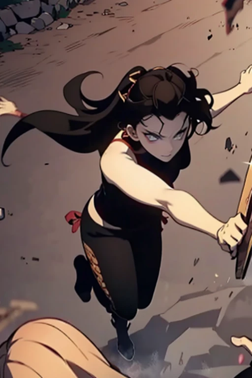   girl, brown long hair, browns eyes, Black sleeveless top, Leggings, high boots, a castanet in hand, full body, battle scene