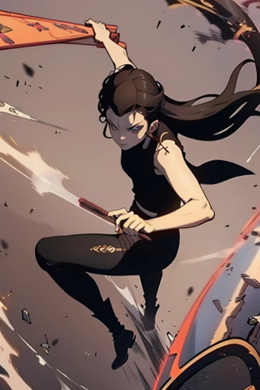   girl, brown long hair, browns eyes, Black sleeveless top, Leggings, high boots, a castanet in hand, full body, battle scene