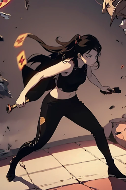   girl, brown long hair, browns eyes, Black sleeveless top, Leggings, high boots, a castanet in hand, full body, battle scene