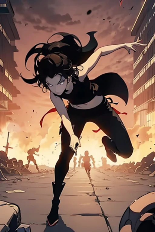   girl, brown long hair, browns eyes, Black sleeveless top, Leggings, high boots, a castanet in hand, full body, battle scene