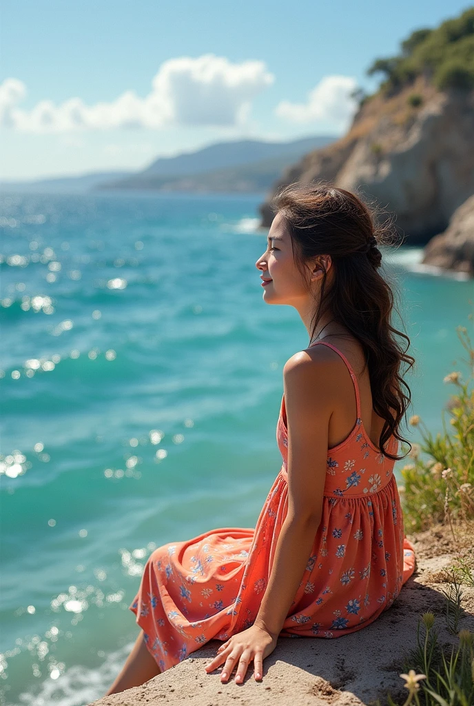 Primer plano de Sofia sentada en la orilla, looking at the sea calmly and happily .
text (Sofia, In a low voice): " It's as if the sea were talking to me and telling me that everything will be fine ..."