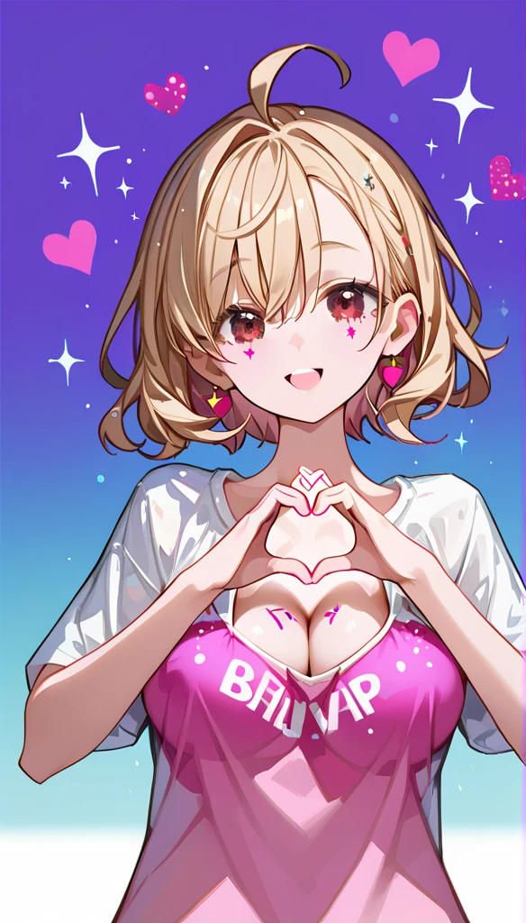 (score_9, score_8_up, score_7_up, score_6_up, score_5_up, score_4_up, just describe what you want, tag1, tag2, highest quality, Best quality, masterpiece,) BREAK she has large breasts, (((perky breasts))), ((covered nipples)), (cleavage) BREAK , slender waist, skinny, baby face , round face, brown eyes , BREAK ( ( happy), (half open eye), (parted lips), ) BREAK (messy chignon , hind hair, )  BREAK ((((extremely extremely close-up face, bust-up, looking at viewer, )))), ((( , she is wearing oversized casual shirt, separate breasts, dropped breasts, heart shape gesture with hands nearby her chin , sparkle, glitter, pop style background, writing drop shadow ))), 