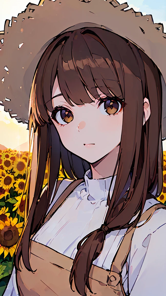 (((Best quality, 8k, Masterpiece: 1.3)), ((best quality)), ((masterpiece)), (detailed), perfect face, perfect body, (detailed skin:1.3), (intricate details), light brown hair, swept bangs, low-braided long hair, Straw hat, pinafore dress, sunflower field