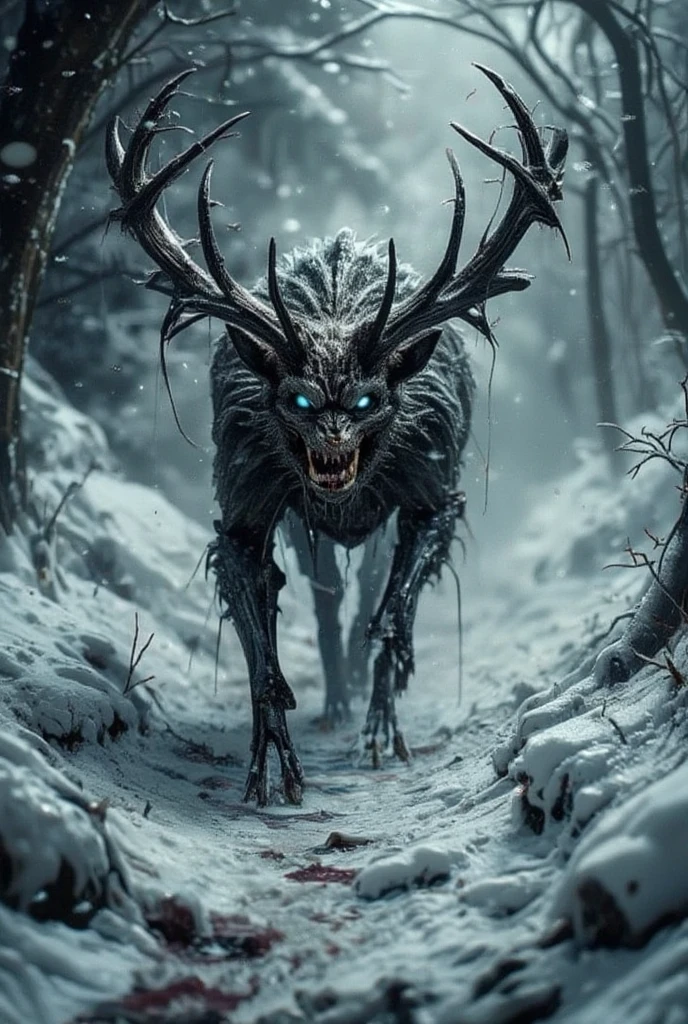 Horror scene, outlast, silent hill atmosphere. A horrifying hybrid of a stag and a wolf emerges from the snowy forest. Its body is a blend of fur and icy bone-like antlers sprouting from its spine. Its head is a chilling mix of a stag’s antlers and a wolf’s snarling mouth, with glowing icy-blue eyes. Snowflakes swirl around it as it prowls the hill, leaving bloody hoof and claw prints behind, (Ultra-realistic, 32k, Masterpiece, High Quality, Detailed Realistic Background, Official Art, Realistic Lighting, filmfotos, film grain, reversal film photography), Mysterious
