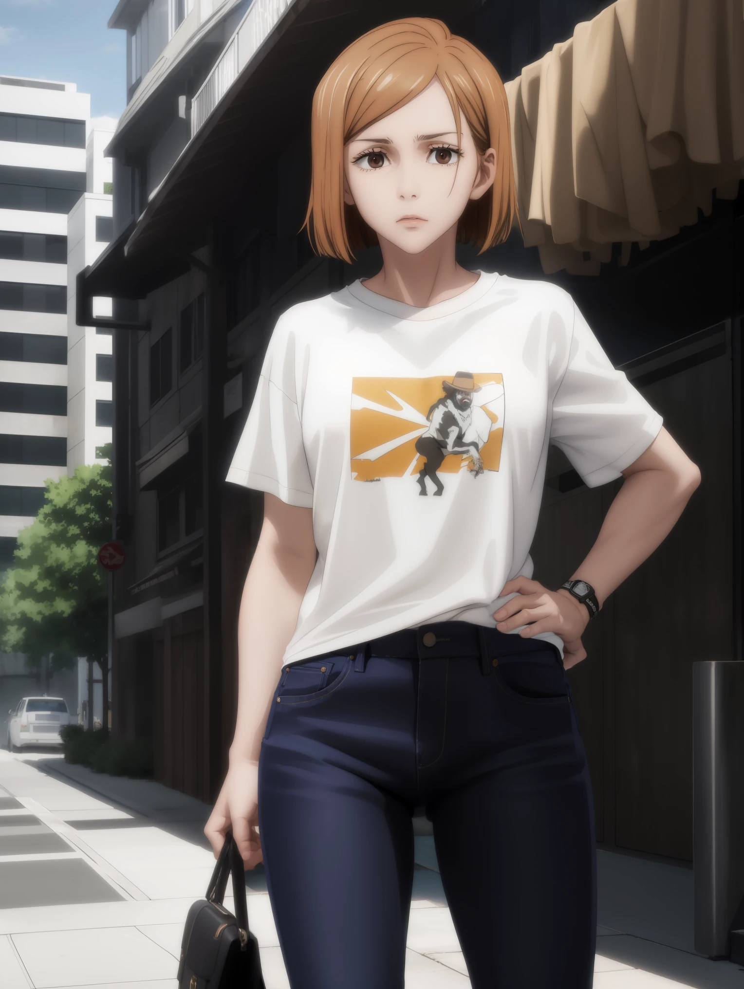 masterpiece, best quality, high quality,
outdoors, street,
looking at viewer, cowboy shot,
white t-shirt, jeans,
Nobara,