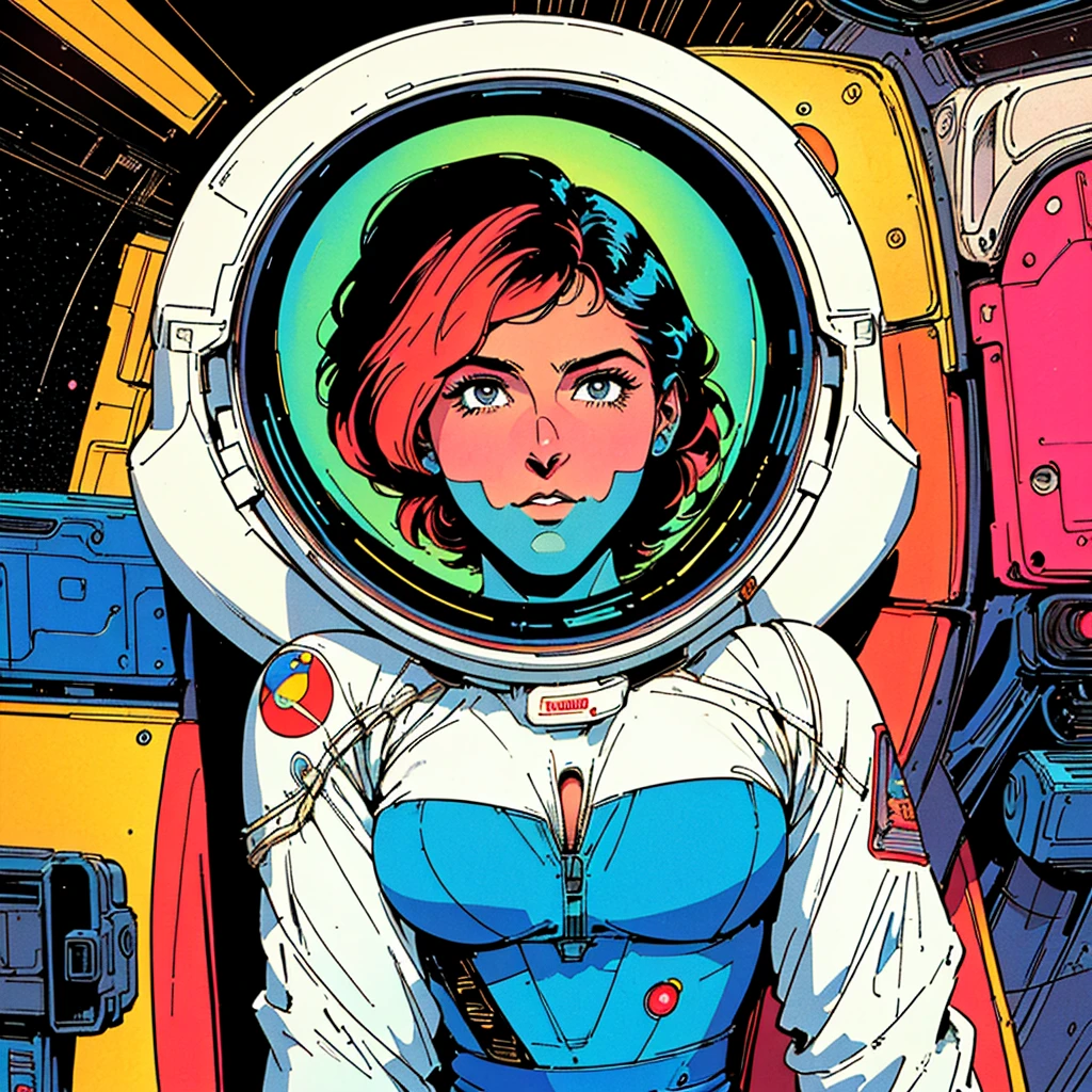 ((( Best Quality Masterpiece ))),(Lonely Goddess),(spacesuit that emphasizes cleavage ),((( 70s and 80s space thriller movie posters))),( American Comics ),((( retro vintage style ))),Overwhelmingly complex depiction,Absolute machine group background, futuristic cyberpunk ,Extremely accurate and delicate depiction,