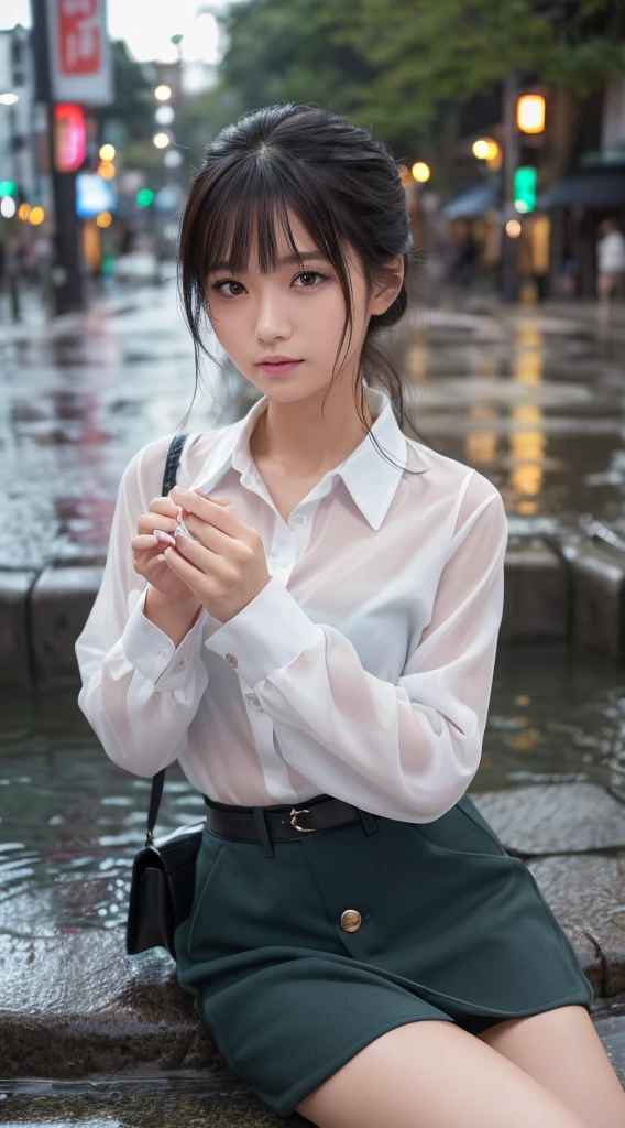 , outdoors, heavy rain, wet in the rain with uniform, wet white blouse, navy blue pleated skirt,  girl, wet and underwear see-through, (too big breasts: 1.9), drooping breasts, whiplash, well developed, Japan person, ecchi face, face that felt very much, face that seems to cry, wet wet, sweaty, struck by heavy rain,