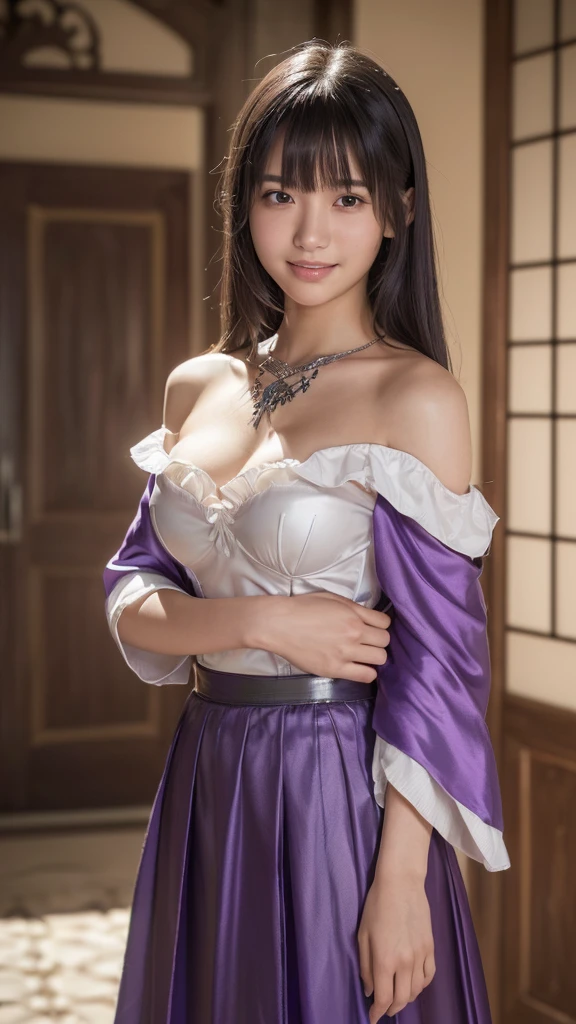 1 girl, national foundation, (hotel background), ((32k, raw, masterpiece: 1.5)), (Professional photography, sharp:1.2), Perfect dynamic composition, (Natural sun light), (soft shadow), (((skinny figure))), ((huge round breasts: 1.2)), (((((black long curly hair))))), Ultra-detailed faces and skin, perfect asian, White skin, (Delicate skin:1.4), (latex skin:0.4), (perfect glowing skin:0.6), light brown eyes, beautiful eyes, round eyes, pretty face, blush, glossy lips, glossy eyes, Perfectly proportioned face, Really moist skin, Refined expression, (((huge smile at the camera))), looking at camera, Refined expression, Elegant necklace, Elegant earrings, minimalist, ((((purple and red hanfu))))