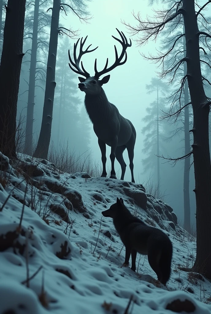 Horror scene, outlast, silent hill atmosphere. A majestic stag with massive antlers stands on a snowy hill, staring down at a shadowy wolf prowling at its base. The surrounding forest is dark and twisted, with snowflakes falling softly but eerily silent, (Ultra-realistic, 32k, Masterpiece, High Quality, Detailed Realistic Background, Official Art, Realistic Lighting, filmfotos, film grain, reversal film photography), Mysterious