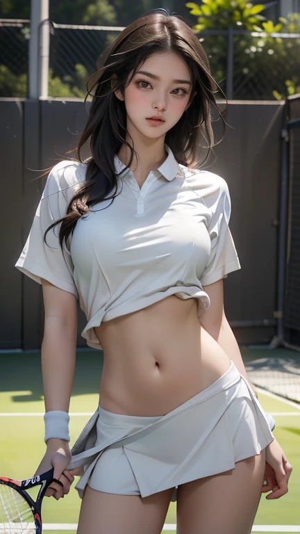 Young sensual Korean woman、K-POPアイドルみたい、(Half-open eyes、Open your mouth wide、Climax expression)、on the white sheets、Sleep on your back、(Beach Volleyball Uniforms)、A well-trained and flexible body、Visible abdominal muscles、Long, slender legs、(Sweaty body)、alone、(Beautiful and accurate depiction of fingers)、(The lower half of the body is not reflected, but、Part of her spread legs are visible)