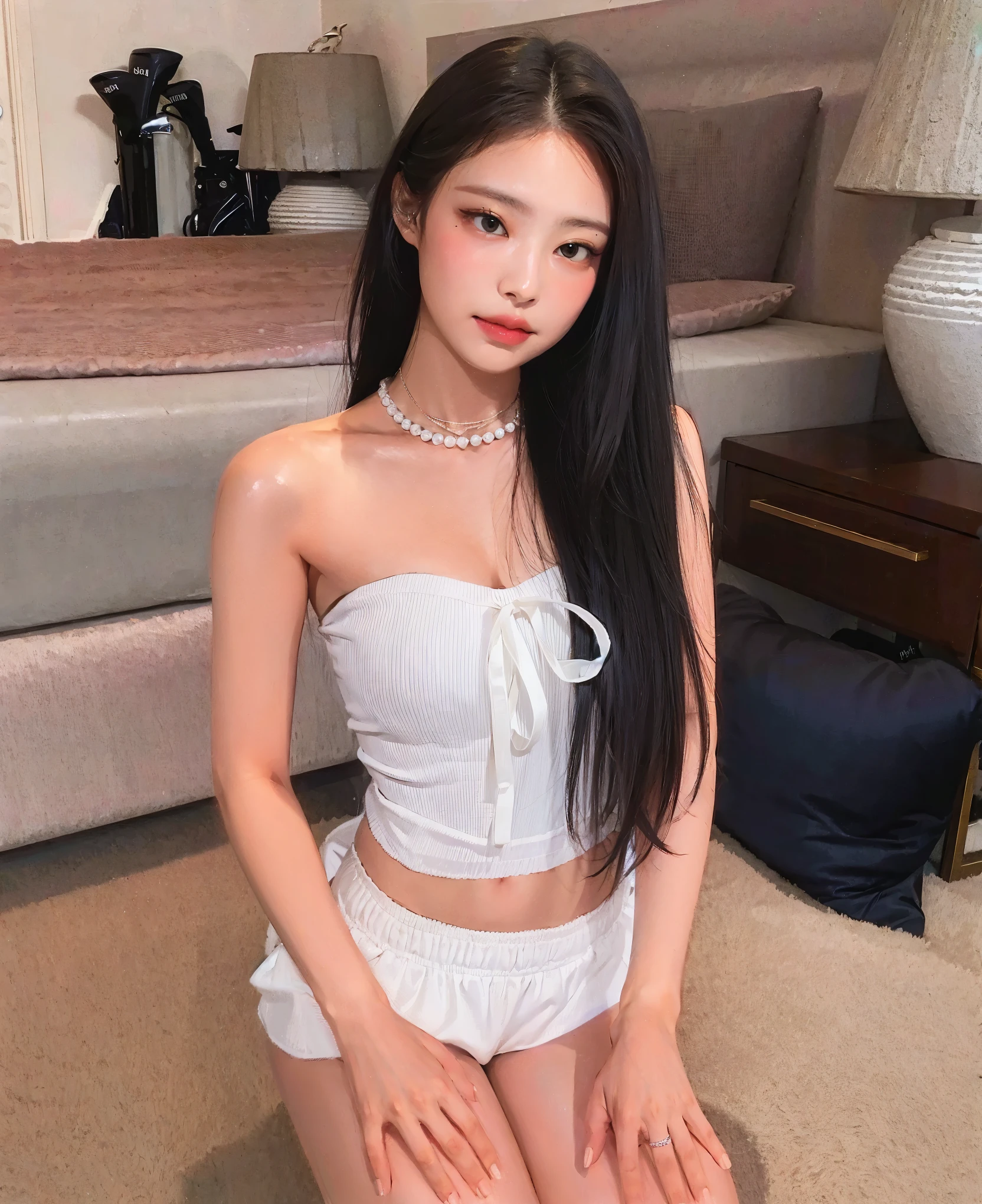 ((Best image quality)、Korean 20 years old、At a private luxury hotel, NFSW, high resolution, Natural and smooth implementation, head and body balance、Perfect 바디 뷰티:1.4、slim、thin legs、((dark brown hair、very small breasts:1.2))、, Highly detailed face and skin textures、eye for detail、shy smile、Perfect 、with legs spread, lighting areola、Aiming to become a gravure idol、An angle slightly lower than the front、top quality、reality、open crotch、cute appearance、small ass、K-pop makeup、embarrassed expression、thin waist, White and clear skin, cute belly fat, chubby, Narrow pelvis, hairstyle for long hair, wet, natural implementation, pantyhose, Sexy lingerie, bed, Temptation, band stockings, gatherbelt, slim 허벅지, skinny body type, delicate, Small pelvis, Asian body