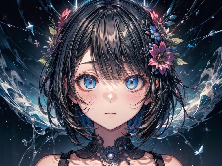  Bust, Wave,  1 girl,  no .18,Black Bob、Underwear with straight bangs
Flowers bloom,  milky way, Spiral Nebula, bird,  Dreamy,
 best quality, masterpiece,  ultra high resolution, shape,  deep shadow hidden in the shadows, Rim Light,