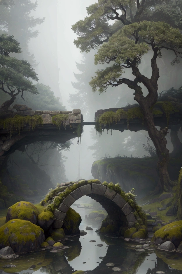 a detailed ancient stone bridge in fog, atmospheric mist, gloomy cloudy sky, lush green pine trees and foliage, mossy stones, intricate architecture, reflection in still water, warm lighting, photorealistic, cinematic, dramatic, (best quality,8k,highres,masterpiece:1.2),ultra-detailed,(realistic,photo-realistic:1.37),moody lighting,dramatic atmosphere,detailed textures,cinematic composition