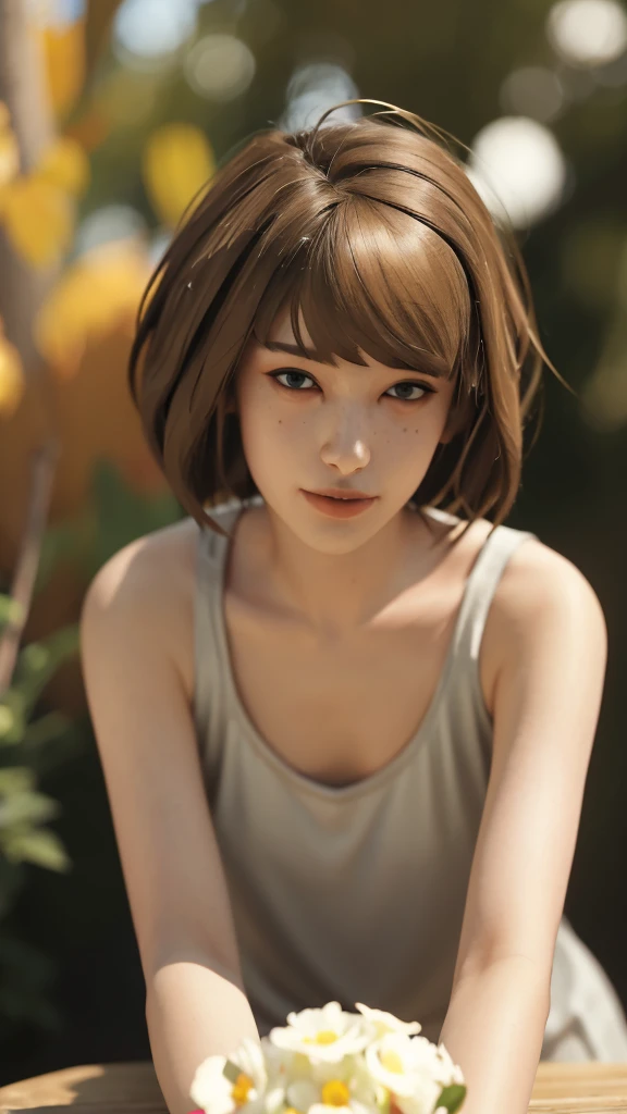 Maxine Caulfield, light brown hair, bangs, hairclip, hairpin, tears, wide-eyed, makeup, smile, closed mouth, mouth hold, smirk, seductive smile, naughty face, Romanticism, Realism, high detail, modern, depth of field, cinematic lighting, chromatic aberration, god rays, ray tracing, bloom, dithering, film grain, vignetting, lens flare, Eye-Level Shot, bokeh, overexposure, f/4.0, 85mm, Nikon, UHD, masterpiece, accurate, textured skin, anatomically correct, super detail, high details, high quality, award winning, best quality, highres, HD, 4K, 8k