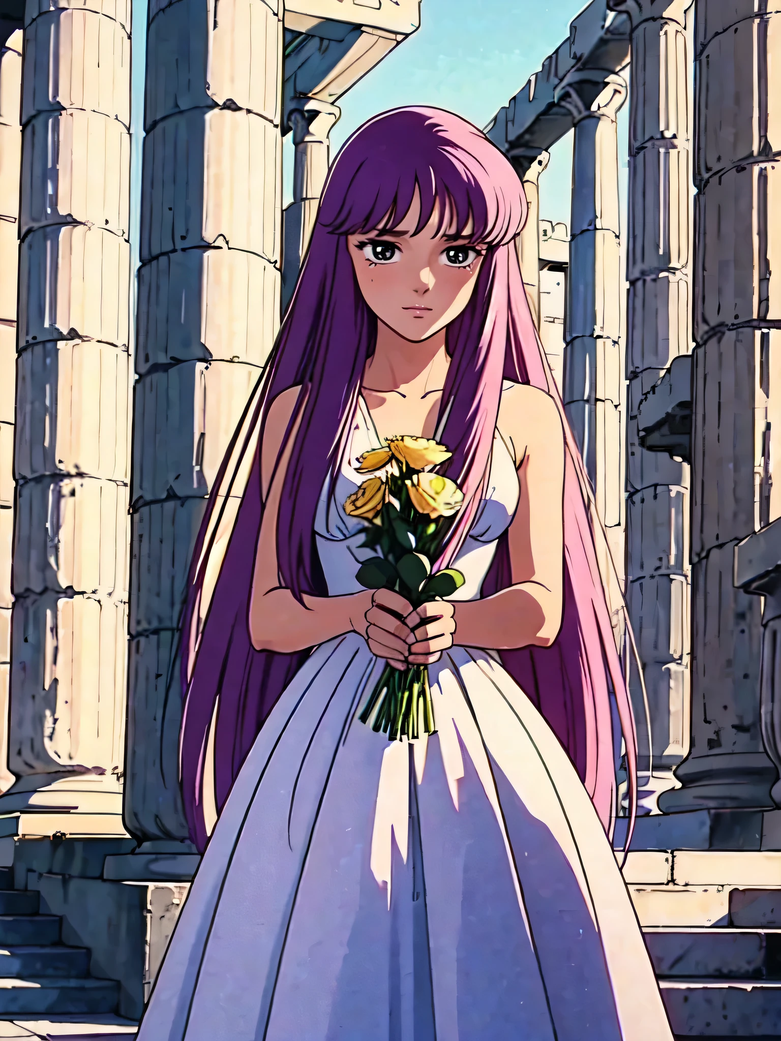 ( Obra de arte、 lyrics)、girl_Saori,  s40r1k1d0 , cries, Tears fall, He holds a bouquet of flowers in his arms, She is on her knees looking at something that saddens her, Do you wear a white dress,  she's inside a Greek temple, warm light,  short hair . 