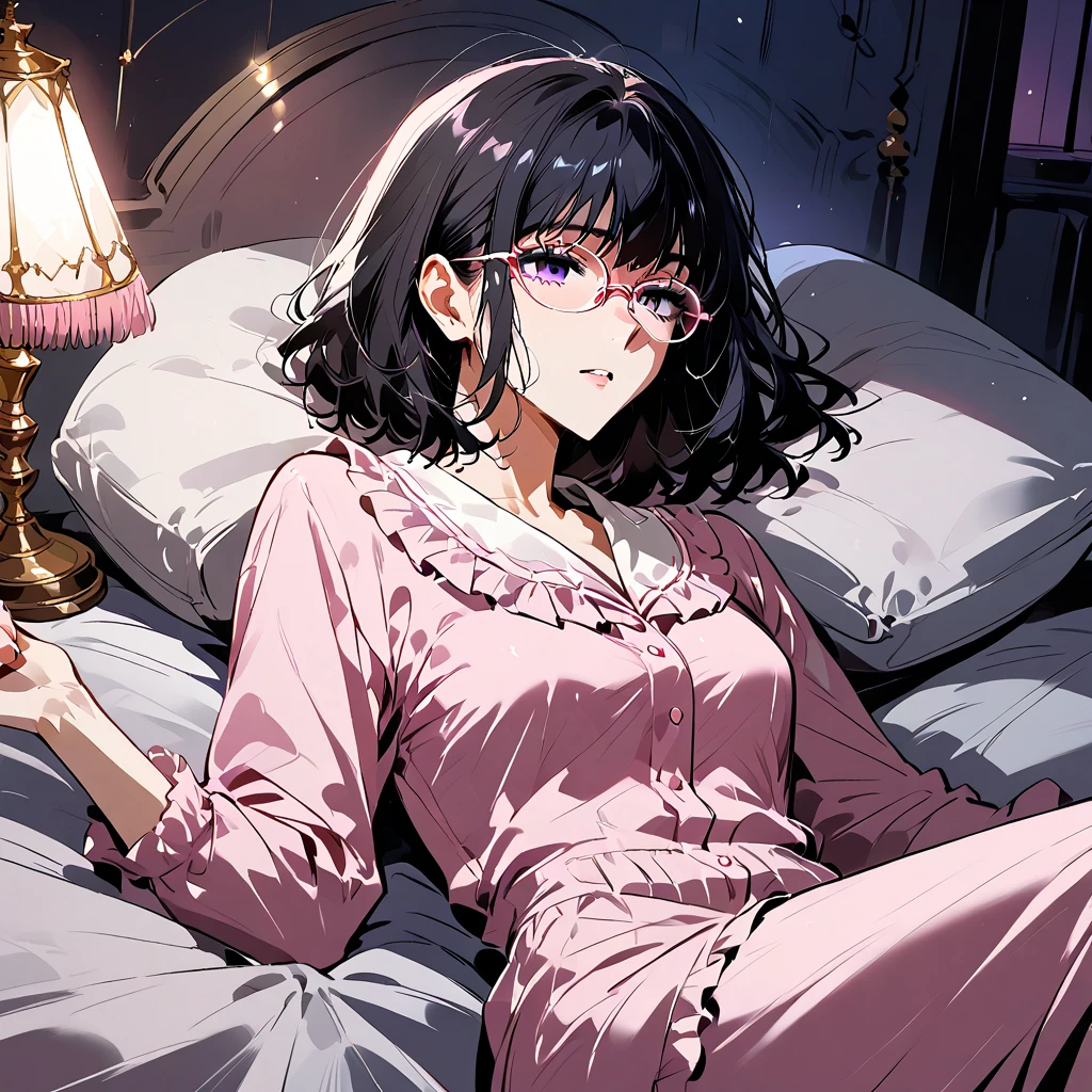  masterpiece,  old girl, fringe, glasses,  long black hair, night, pink pajamas,  lying on a bed, lamp, thinking about the future, Chiaroscuro 