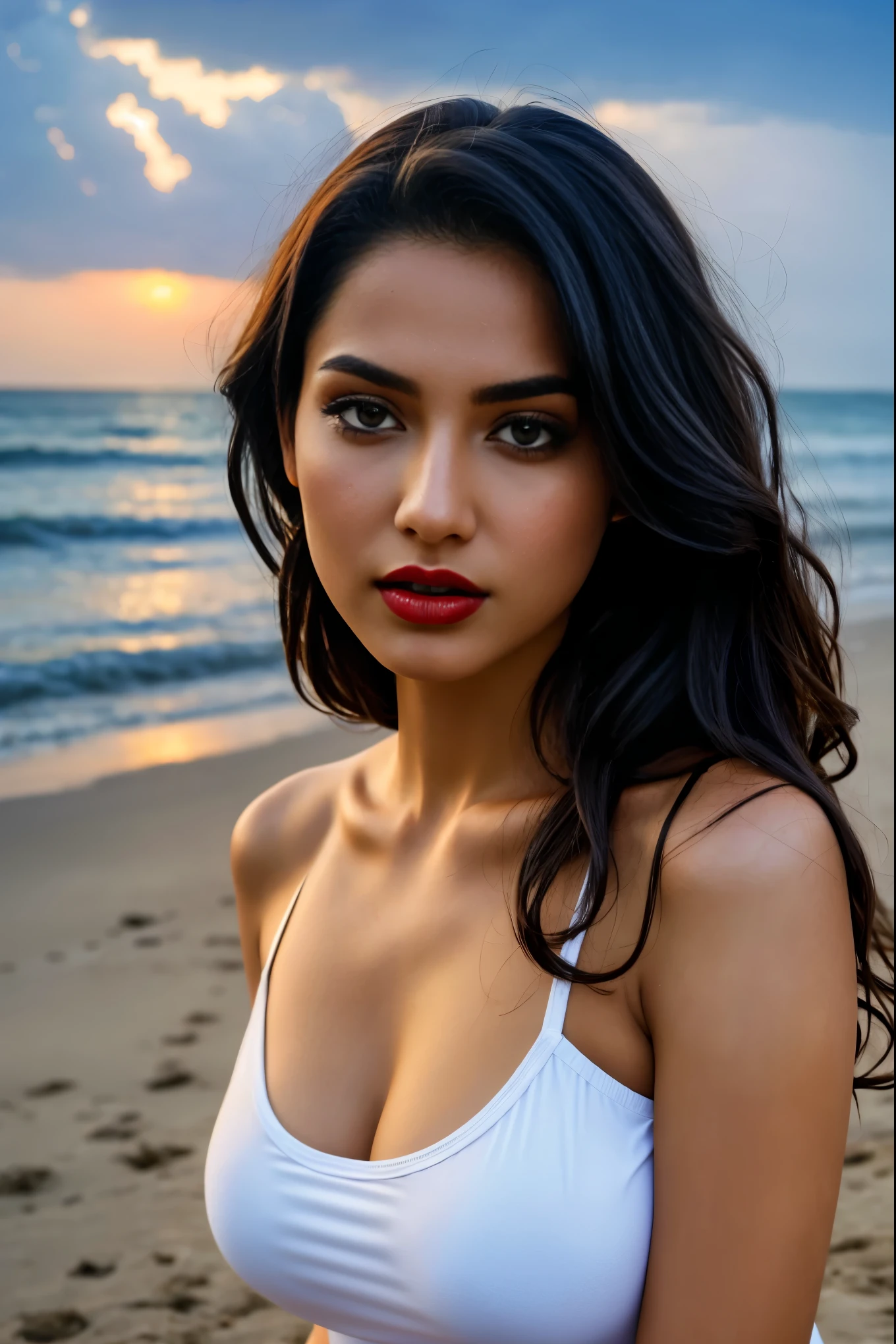 Ultra realistic cinematic soft light and ultra detailed red hour portrait,1girl in, age19, Solo, Long hair, Colossal , Looking at Viewer, black hair, Bare shoulders, Brown eyes, Full body, off shoulders, red football t-shirt, Realistic, A sexy, 4K, max quality, small breasts, super sharp image, 8K, beautiful pose, playboy model, photo session, red lips, headshot, masterpiece, sex bomb, kashmiri, detailed body, Egyptian dress, chewing lips, highly detailed, seducing, seductive,face only, perfect lightening, white skin, good bright lightening, beach , 