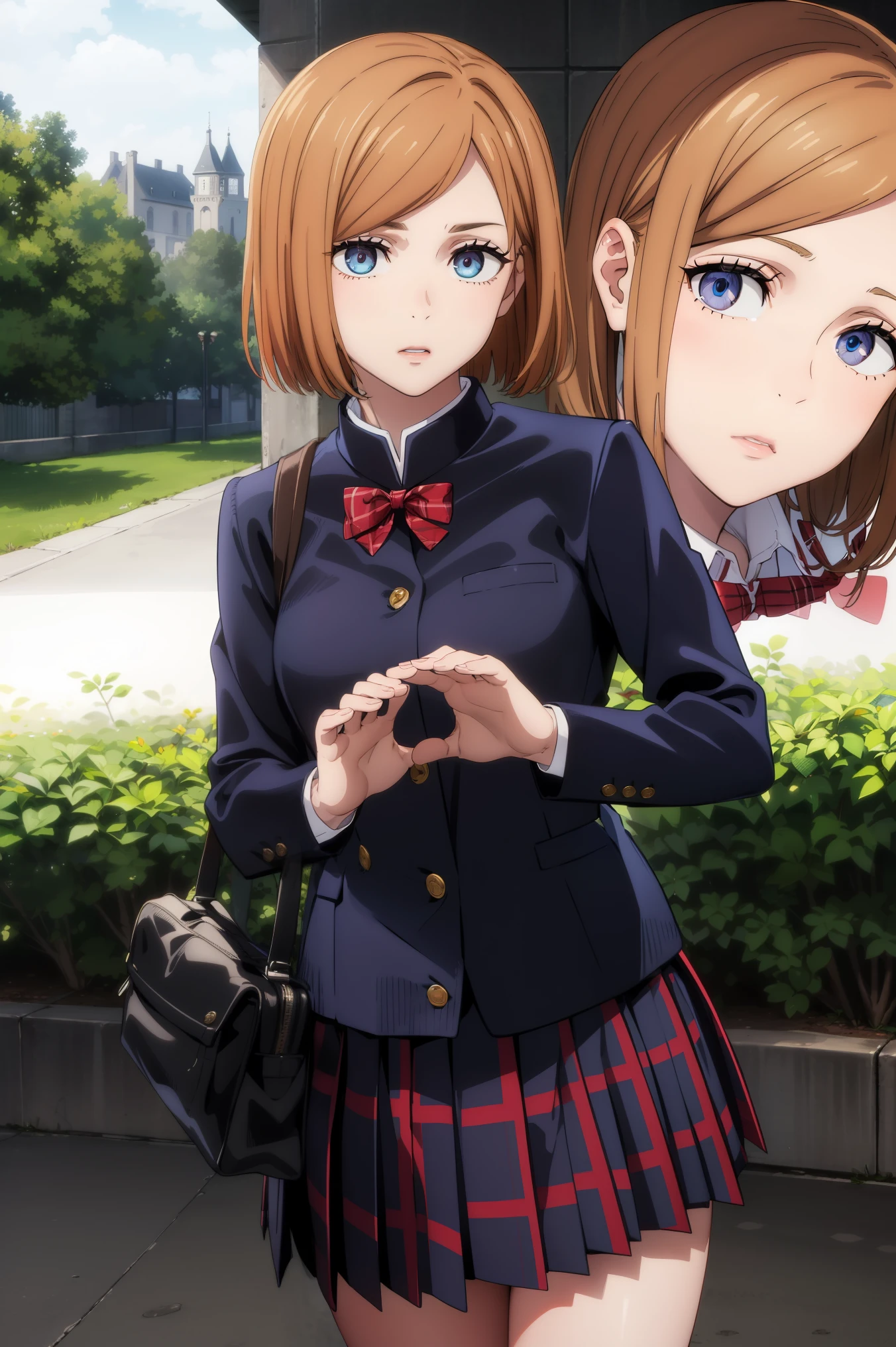 Nobara,
BREAK ((plaid skirt, pleated, pleated skirt, red bow, school uniform, shirt, shuujin academy school uniform, skirt, sweater:1.5)),
BREAK standing, looking at viewer, outdoors, castle,
BREAK (masterpiece:1.2), best quality, high resolution, unity 8k wallpaper,NSFW ,(illustration:0.8), (beautiful detailed eyes:1.6), extremely detailed face, perfect lighting, extremely detailed CG, (perfect hands, perfect anatomy),