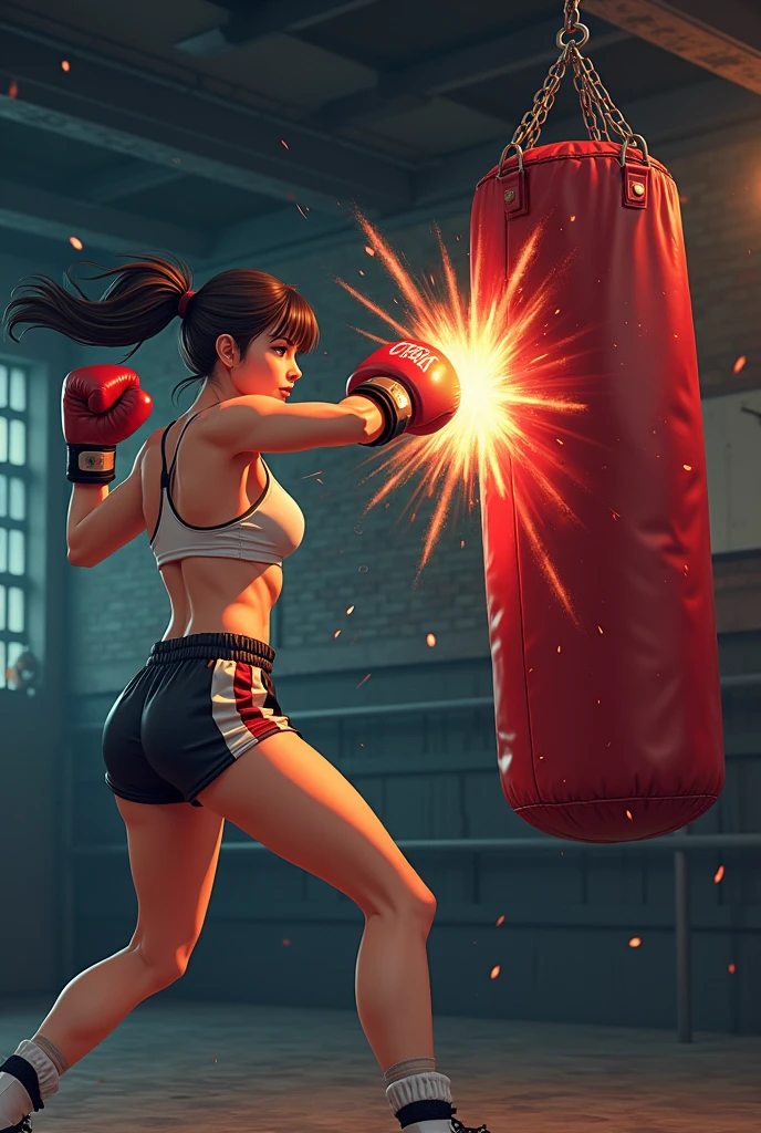 NSFW , Penis-shaped punching bag , Fullbody shot , Female boxing, Wear leotard , So huge breasts.