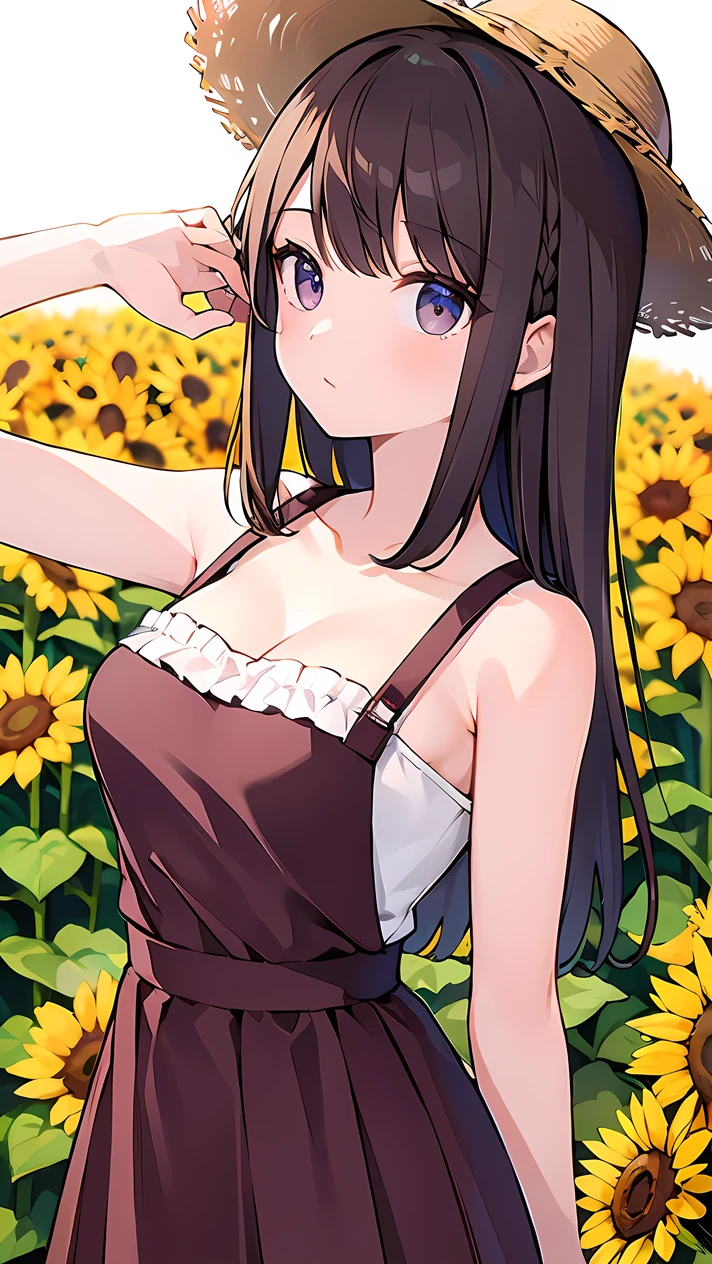 (((Best quality, 8k, Masterpiece: 1.3)), ((best quality)), ((masterpiece)), (detailed), perfect face, perfect body, (detailed skin:1.3), (intricate details), light brown hair, swept bangs, low-braided long hair, Straw hat, pinafore dress, sunflower field