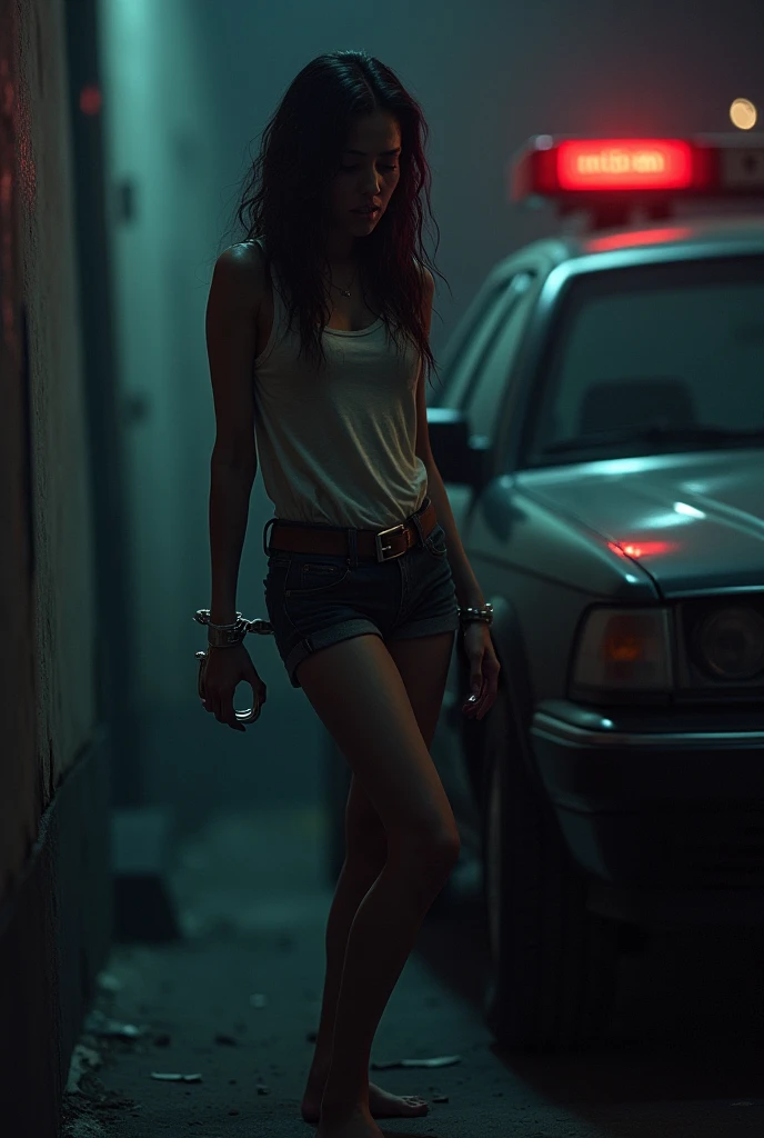 A sultry 18-year-old woman poses seductively against a rusty streetlamp in a dark alleyway, clad in a tight white silk dress that accentuates her toned physique and big breast. Her figure is outlined by the lamp's warm glow, casting long shadows behind her as she confidently stands in high black heels. The intimate atmosphere is set by the darkness surrounding her, punctuated only by the pool of light highlighting her striking features and intricate tattoos. (full body shot.)