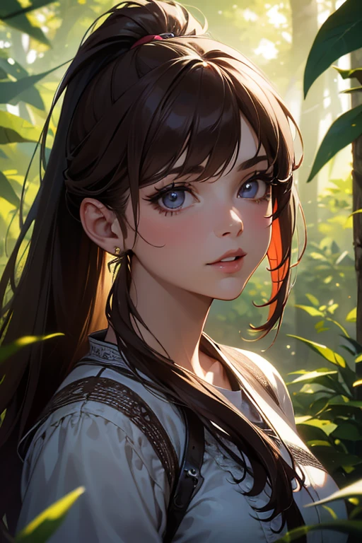 high quality,8k,best quality,extremely detailed,masterpiece,hyperrealistic,photo-realistic,extremely detailed facial features,beautiful detailed eyes,beautiful detailed lips,extremely detailed eyes and face,long eyelashes,1 girl,beautiful young woman with long brown hair in a ponytail,torn and tattered clothing,nature background,lush greenery,sunlight filtering through trees,dramatic lighting,vibrant colors