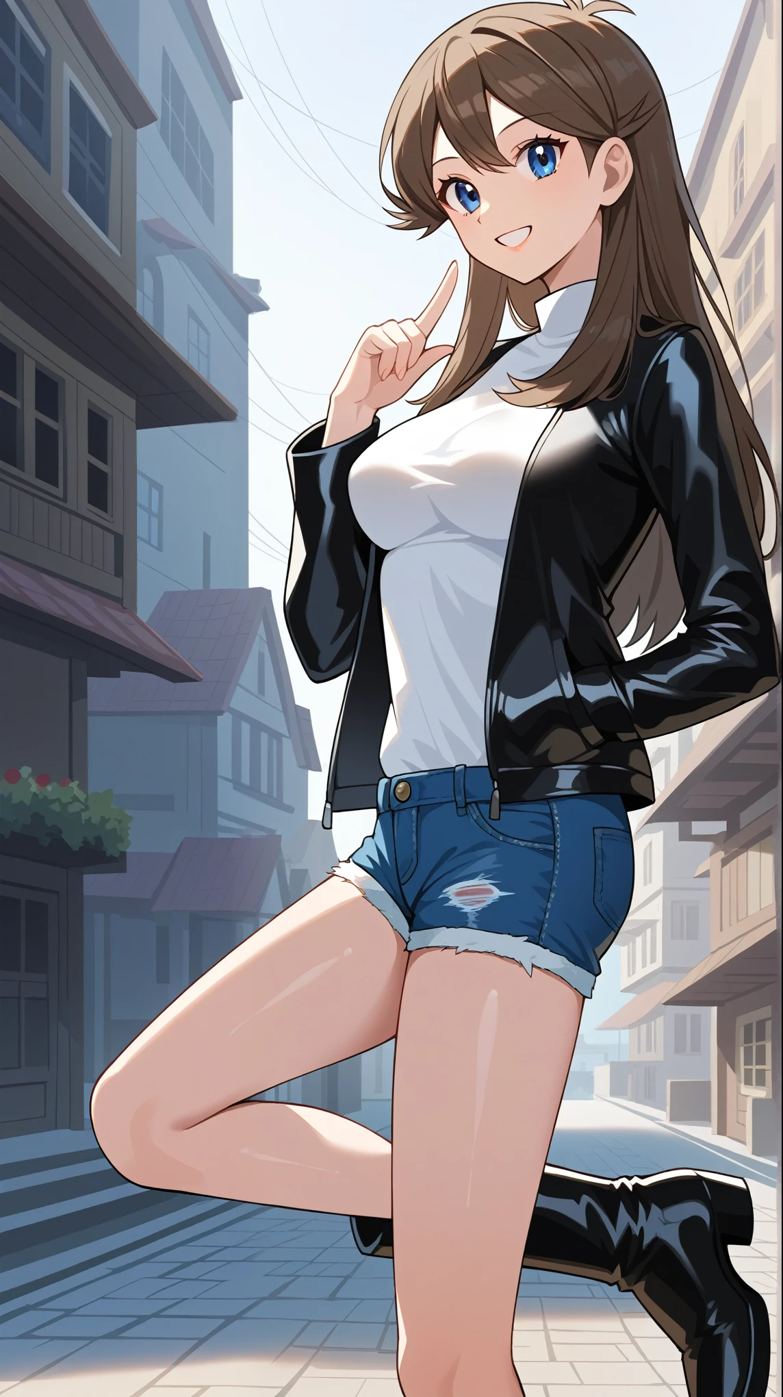  score_9,  score_8_Excellent,  score_7_Excellent,  score_6_Excellent,  best quality, sauce_Anime,  cell shading ,  flat color, vector,  detailed background , town, building,  break 1 girl , Alone, (\ Pokémon\),  brown hair, Long Hair,  blue eyes, Ample breasts,  Viewers, 1 female, Age 18, whole body,  slim figure without arms, smile, Outdoor, 挑発的なsmile,  seductive smiles from all around,  black long sleeve leather jacket,  put one hand on the lower back ,  white shirt,  blue denim shorts ,  knee-high boots,  Tall,　bare hands, no gloves ,  standing ,