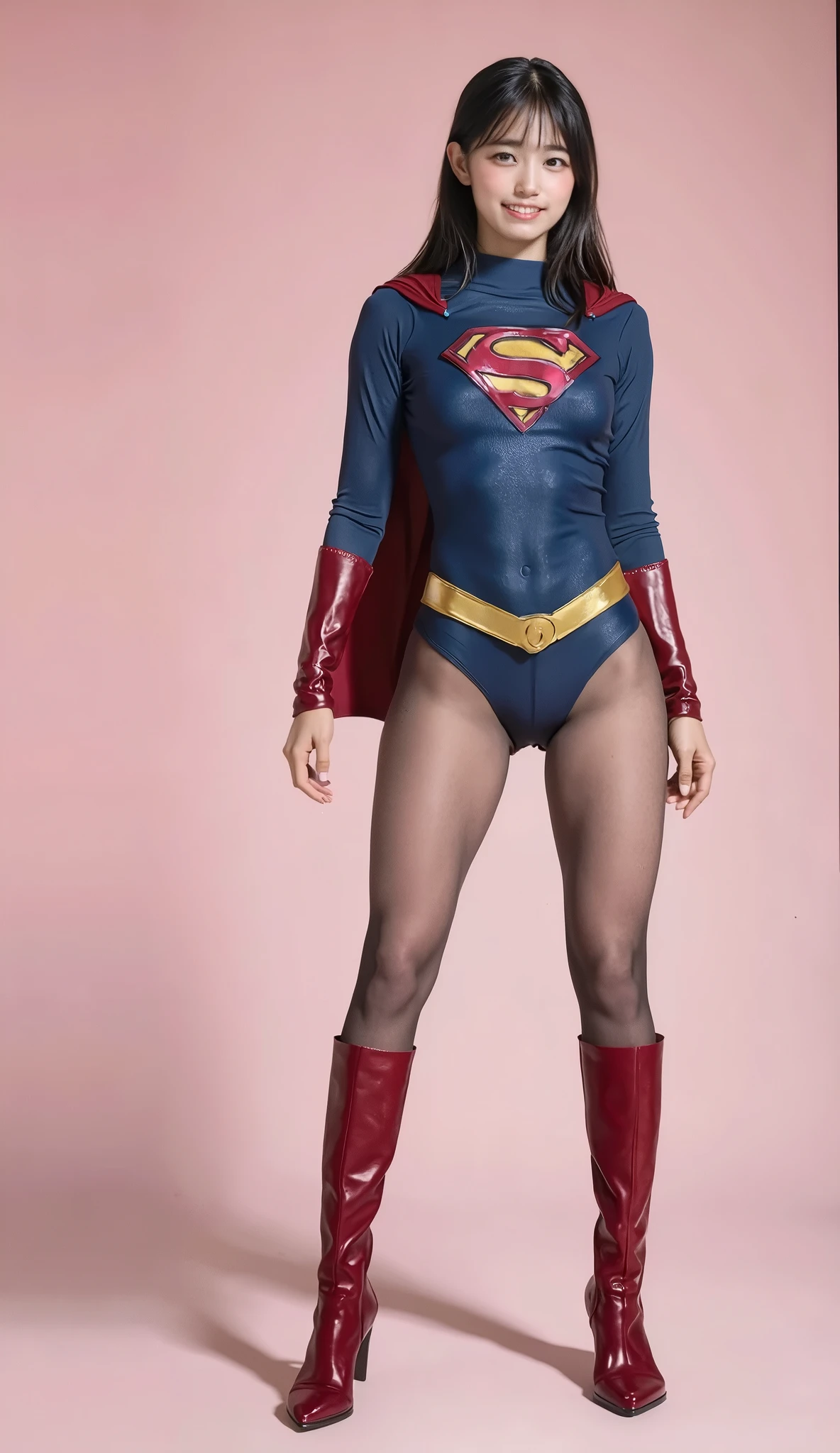 No background、(((Beautiful legs in black tights.)))、(((Legally express the beauty of your smile)))、((((Make the most of your original images)))、(((Supergirl Costume)))、(((Beautiful very short hair)))、(((suffering)))、(((Please wear black tights....、Wear red boots)))、((Best image quality、8k))、((Highest quality、8k、masterpiece:1.3))、(((Preserve background )))、Sharp focus:1.2、Beautiful woman with perfect figure:1.4、Slim Abs:1.2、Wet body:1.5、Highly detailed face and skin texture、8k