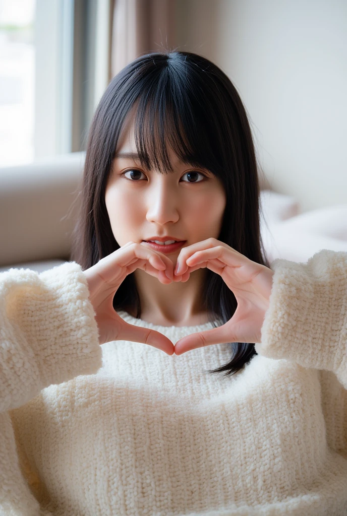 Only one woman with a cute smile wears cute, fluffy off-shoulder pajamas, makes a big heart shape with both hands, and poses them in front of her chest, View above collarbone、The background is a monotone 、 (photo Realistic:1.4), (hyper Realistic:1.4), (Realistic:1.3), (Sleek lighting:1.05), (Improving the quality of cinema lighting:0.9), Realistic lighting, Backlight,  LIGHT SHOTS YOUR FACE,  ray tracing , ( bright light:1.2), (Improved quality:1.4), (Highest quality Realistic textured skin:1.4),(  enhances the beauty of skin texture:1.1),((  extremely accurate and accurate anatomy :1.0)), (  enhances the beauty of skin texture:1.1),  Realisticなライティング, (Sleek lighting:1.05), 32K,  1 Japanese woman in a Go class, fine grain,  detailed face , (film grain:1.1),(Highlight your curves:1.1),  high definition ,  Natural Look , Kind eyes, Subtle light and dark,  vivid details , Soft light reflection, Beautiful contours, Delicate skin tones, 

