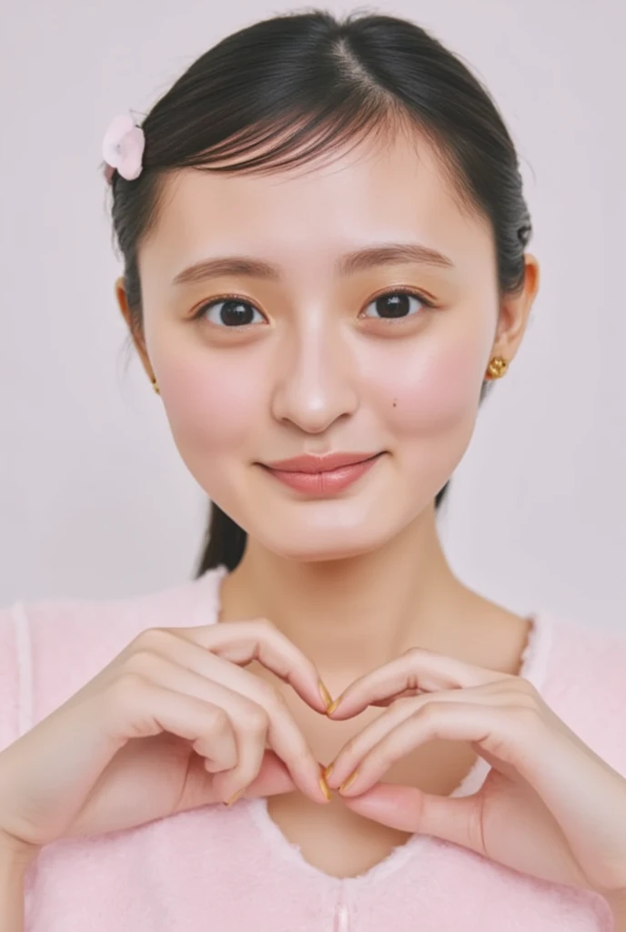 Only one woman with a cute smile wears cute, fluffy off-shoulder pajamas, makes a big heart shape with both hands, and poses them in front of her chest, View above collarbone、The background is a monotone 、 (photo Realistic:1.4), (hyper Realistic:1.4), (Realistic:1.3), (Sleek lighting:1.05), (Improving the quality of cinema lighting:0.9), Realistic lighting, Backlight,  LIGHT SHOTS YOUR FACE,  ray tracing , ( bright light:1.2), (Improved quality:1.4), (Highest quality Realistic textured skin:1.4),(  enhances the beauty of skin texture:1.1),((  extremely accurate and accurate anatomy :1.0)), (  enhances the beauty of skin texture:1.1),  Realisticなライティング, (Sleek lighting:1.05), 32K,  1 Japanese woman in a Go class, fine grain,  detailed face , (film grain:1.1),(Highlight your curves:1.1),  high definition ,  Natural Look , Kind eyes, Subtle light and dark,  vivid details , Soft light reflection, Beautiful contours, Delicate skin tones, 

