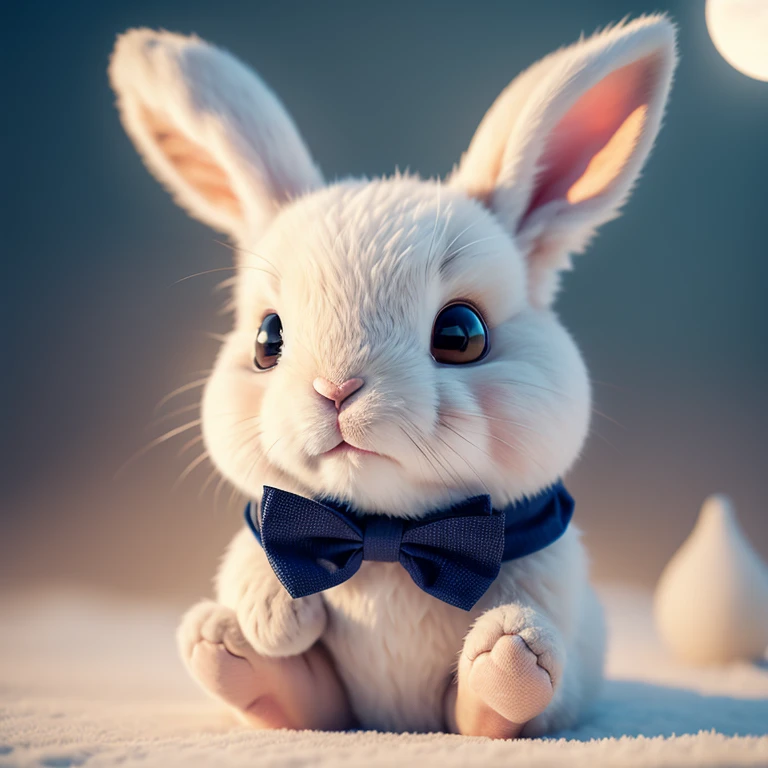 Close-up of a rabbit with a bow tie and a moon in the background