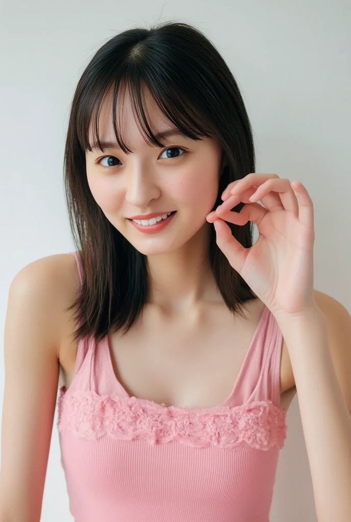 Only one woman with a cute smile wears cute, fluffy off-shoulder pajamas, makes a big heart shape with both hands, and poses them in front of her chest, View above collarbone、The background is a monotone 、 (photo Realistic:1.4), (hyper Realistic:1.4), (Realistic:1.3), (Sleek lighting:1.05), (Improving the quality of cinema lighting:0.9), Realistic lighting, Backlight,  LIGHT SHOTS YOUR FACE,  ray tracing , ( bright light:1.2), (Improved quality:1.4), (Highest quality Realistic textured skin:1.4),(  enhances the beauty of skin texture:1.1),((  extremely accurate and accurate anatomy :1.0)), (  enhances the beauty of skin texture:1.1),  Realisticなライティング, (Sleek lighting:1.05), 32K,  1 Japanese woman in a Go class, fine grain,  detailed face , (film grain:1.1),(Highlight your curves:1.1),  high definition ,  Natural Look , Kind eyes, Subtle light and dark,  vivid details , Soft light reflection, Beautiful contours, Delicate skin tones, 

