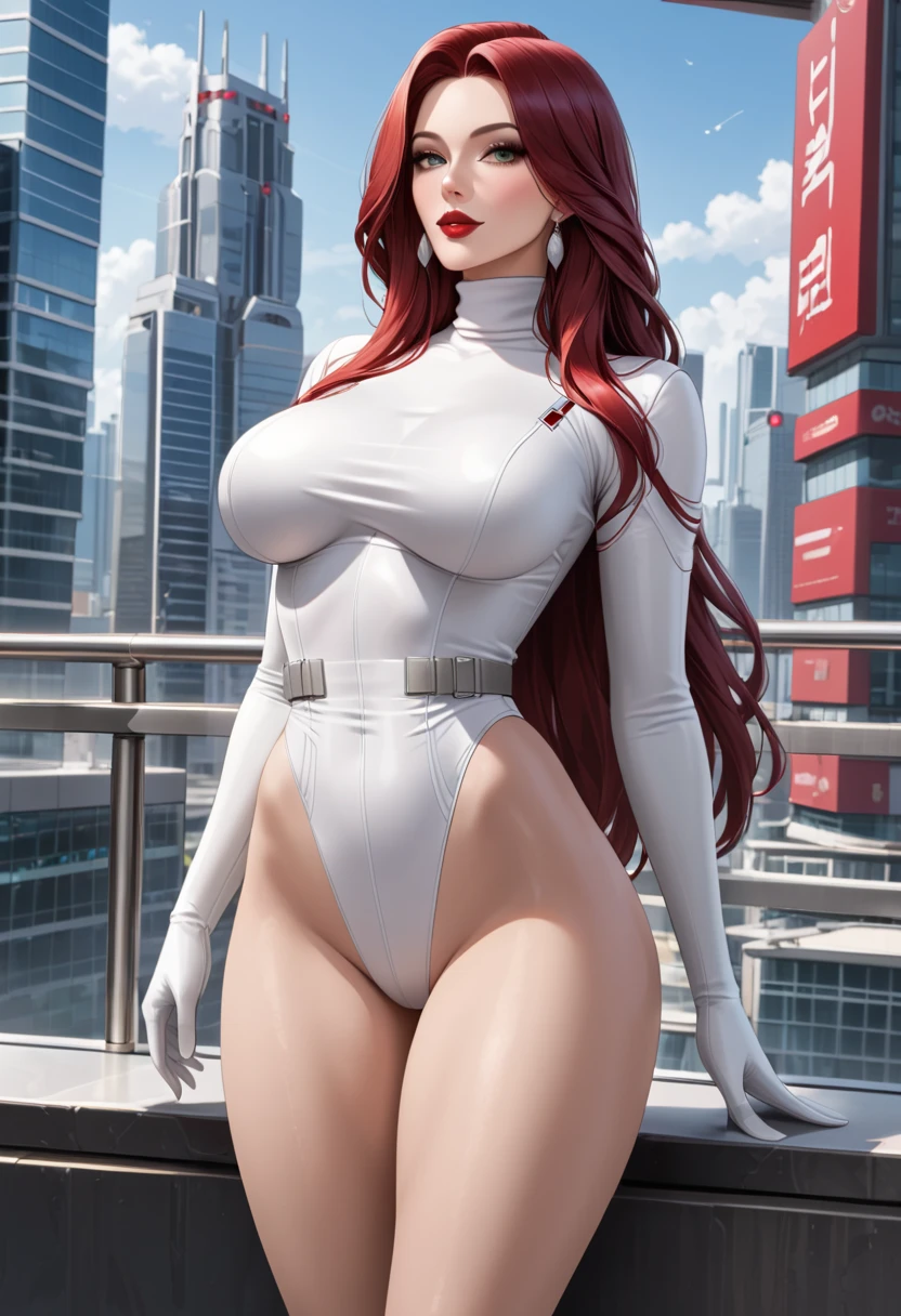  mature woman , beautiful,  long hair , Cabello castaño, , red lipstick, with white turtleneck , leotard azul, grey belt,  bare legs,  Long white gloves,  in the futuristic city, 
