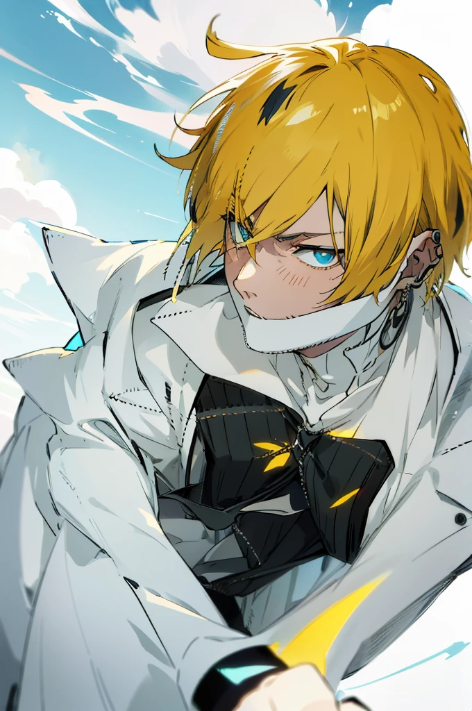 1male, Young Adult, Short Hair, Black Colored Hair, Yellow Highlights, Two Toned Hair, Sky Blue Eyes, Bleach, Hueco Mundo, Arrancar Clothing, Sunny, Muscular, White Coat, Detailed Eyes, Wavy Hair, Earring