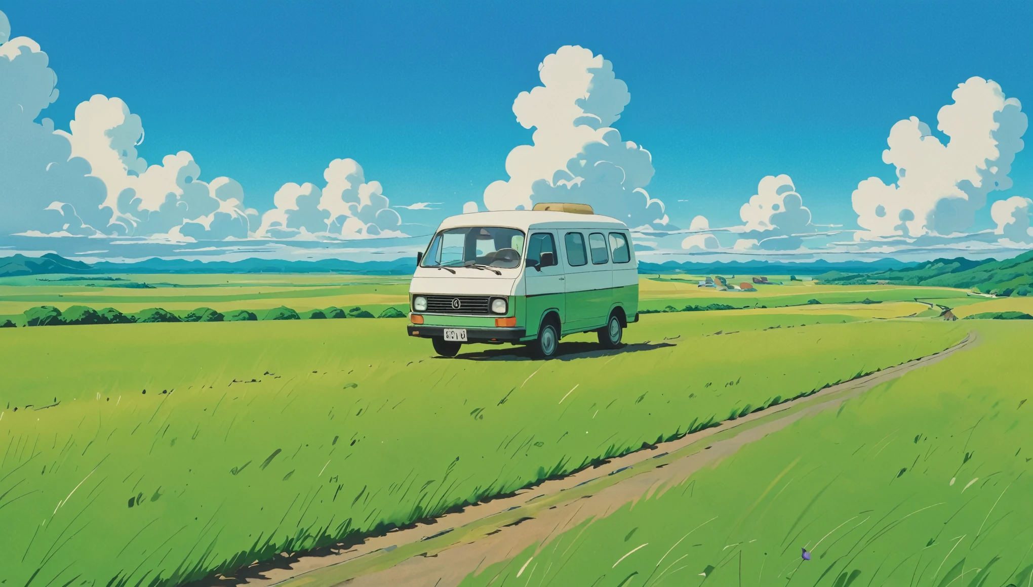 (minimalism:1.4), a Minibus on the road, Studio Ghibli art, Miyazaki, pasture with blue sky and white clouds