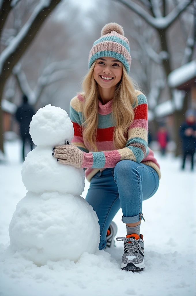 1 lady standing, (ski suit, Goggles) Knitted hat, /(Dress up in style/), Mature beauty, /(blond hair/) Bangs, Blushing friendly smile, (Masterpiece Best Quality:1.2) Exquisite illustrations with rich details, large breast ,rest ,(holding a small snowman adorned with tiny ski Goggless and a scarf ) rest (Snowflakes fell around her:1.2), Ski resort outdoors,Anime style