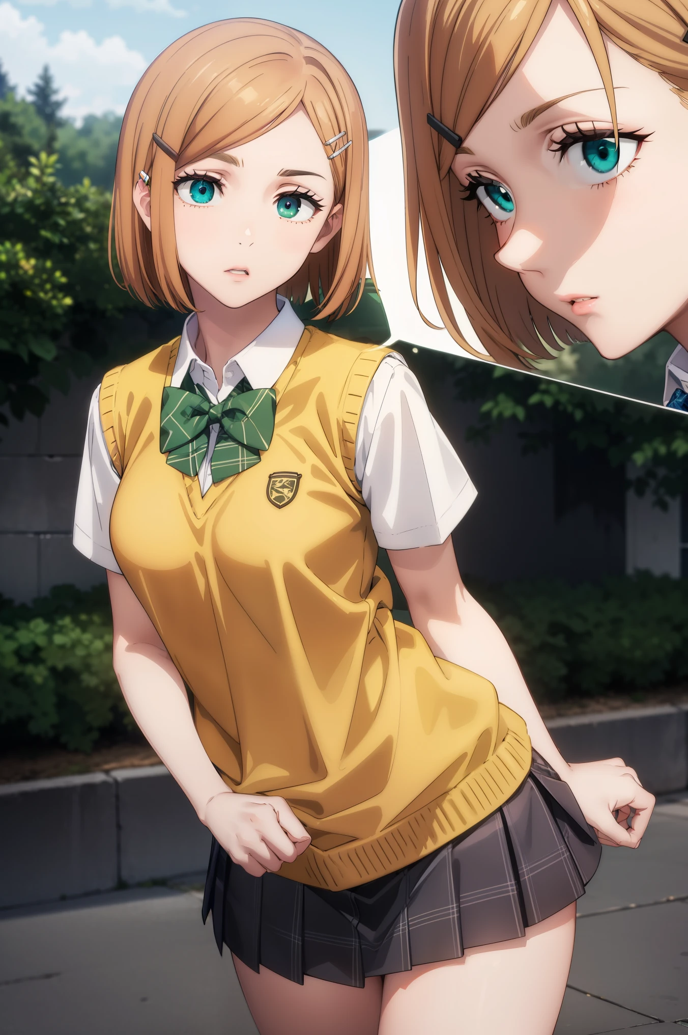 Nobara,
BREAK ((hairclip, green bowtie, yellow sweater vest, white shirt, short sleeves, green miniskirt, plaid:1.5)),
BREAK standing, looking at viewer, outdoors, castle,
BREAK (masterpiece:1.2), best quality, high resolution, unity 8k wallpaper,NSFW ,(illustration:0.8), (beautiful detailed eyes:1.6), extremely detailed face, perfect lighting, extremely detailed CG, (perfect hands, perfect anatomy),