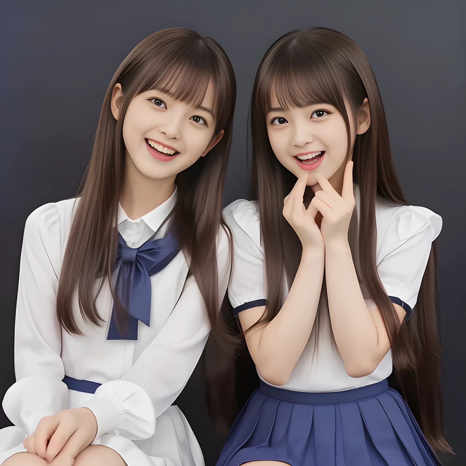 (Highest quality, masterpiece:1.2), Highest quality, High resolution, 1080P, 8k, height: 150cm, (Two yo Japanese beautiful girl idols are seated and giving strong subliminal sexual invitation and temptation, cute skirt with beautiful knees, looking at the viewer, can't stop showing cute smile open mouth because of feeling too funny about the viewer, very white-white face, very proud of her long straight black hair, using face-whitening cosmetics, 14 girl's eyes, opened laughing giggling most open mouth, too expensive luxurious glossy too-much-girly erotic frilled ivory silk blouse, polyester dark-navy school-skirt and bewitching ribbon on the breast, well-straitened super-super-long well-trimmed long hair, evenly neatly trimmed girly cute bangs: 1.5), (white thighs and knees: 1.7), (Well-balanced, impressive, lovely, drooping, double-eyelids, black shining large prominent eyes of 14yodol with detailed: 1.5), ((Beautiful well-figured glossy opened laughing lips: 1.2)), (mature breast), (The viewer can't stop madly kissing them because of her beauty and subliminal strong invitation), (Very beautiful, super-glossy, cute neat black amazingly long hair, straight well-done long hair-style: 1.3), (plain blue background: 1.6), (((Completely balanced beautiful big big eyes, looking at me))), (eyes, face and hair are especially beautifully detailed and beautifully drawn: 1.5), (The soft white light clearly shows her face extremely white: 1.2), (Feel too luxurious and expensive), (School uniform, too-cute slender 14yo super-long-hair Japanese beautiful-young-girl idol twins are laughing and licking the other's hand each other with super-wide open open laughing mouth like eating the viewer, everything is girly, neat and too beautiful: 1.6), (Super long hair 14yo super-cute school-uniform idol of pure-pure idol magazine in 2003 in Japan: 2.1), (Strong subliminal effects of sexual invitation and temptation: 1.5)