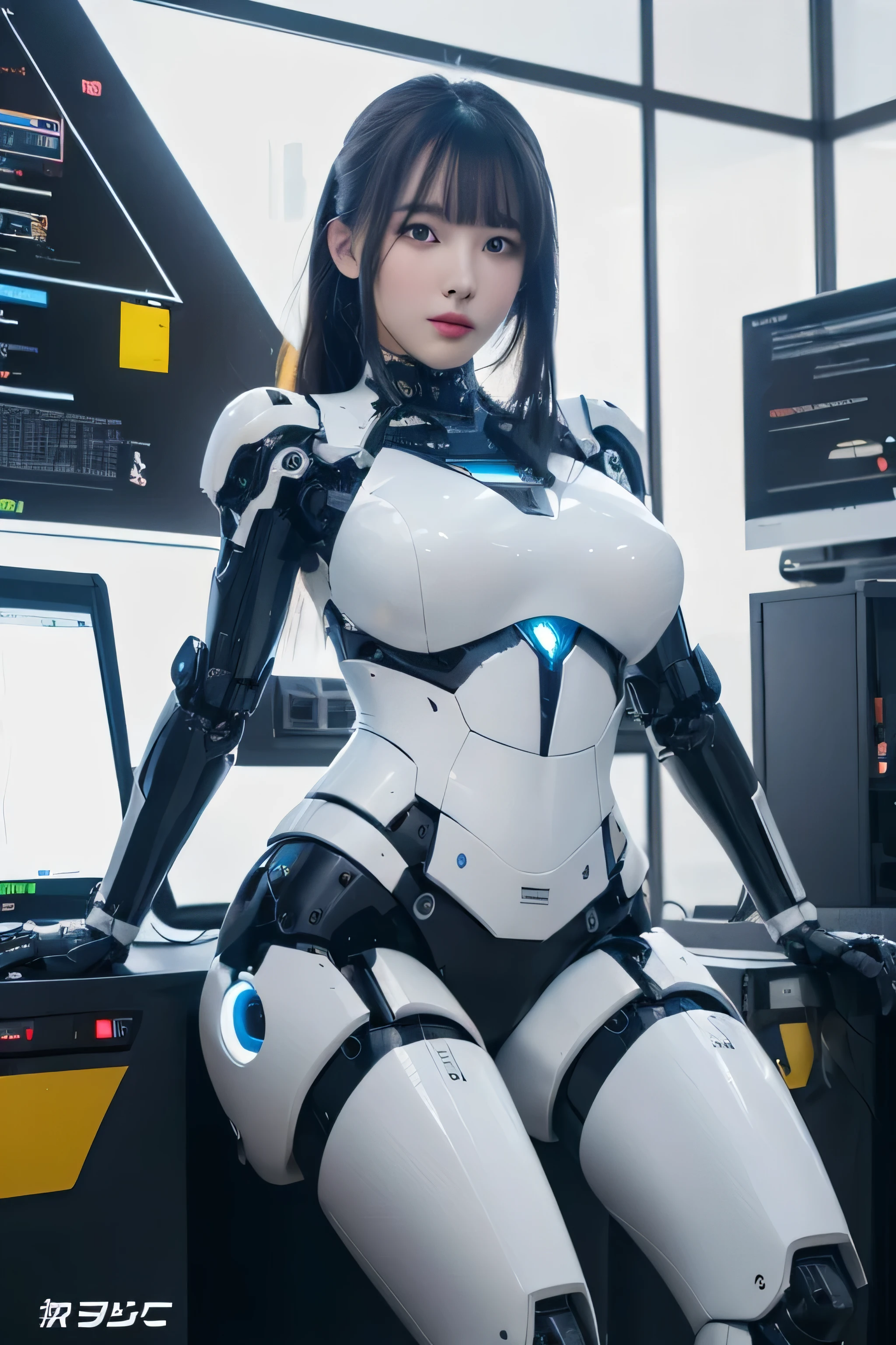 masterpiece, best quality, extremely detailed, (8K, 4K, Best Quality, hight resolution, 超A high resolution:1.1), 8K portrait,1girl in, Japaese android girl,android teacher,Plump , control panels,android,Droid,Mechanical Hand, ,Robot arms and legs, Black hair,Mechanical body,Blunt bangs,White Robotics Parts,perfect robot woman,Charging spot,Long Tube,A thick cable was connected to her neck,ceramic body ,android,robot humanoid,a bit chubby,panty,full eyes,perfect mechanical body,white robotics body,future assembly plant,white body,She has repaired,black sponge joints,android assembly plant,android,laboratory,platform boots,perfect machine body,white robot body,masutepiece, Best Quality, Illustration, Ultra-detailed, finely detail, hight resolution, 8K Wallpaper, Perfect dynamic composition, Beautiful detailed cyan colored eyes, suits,Medium Hair,  Natural Color Lip, Random and sexy poses,Smile,‎Classroom、20 years girl、lifelike face、real looking skin、Realistic blue eyes、cute little, robotic neck, robotic arms and legs, deep blue eyes, career woman robot, robot girl, cyborg, control panels, control monitor in chest, 8K, RAW photos, Best quality, Masterpiece: 1.2),(best qualtiy，8K, Yes，32K，masterpiece，hyper HD：1.2) , Generate a highly detailed and realistic 4K description of a robot woman in a career suit, emphasizing every detail, from her attire to the surrounding environment, skinny body, perfect body, beautifull face, asian face, glowing skin, cyborg girl, deep blue eyes, android robot, mechanical details, japanese robot girl, robotic chest, add chest monitor, perfect blue eyes, control panels, korean android woman,perfect robot girl,long tube,thick cable connected her neck,android,robot,humanoid,cyborg, japanese cyborg girl , She is repairing now,chest monitor