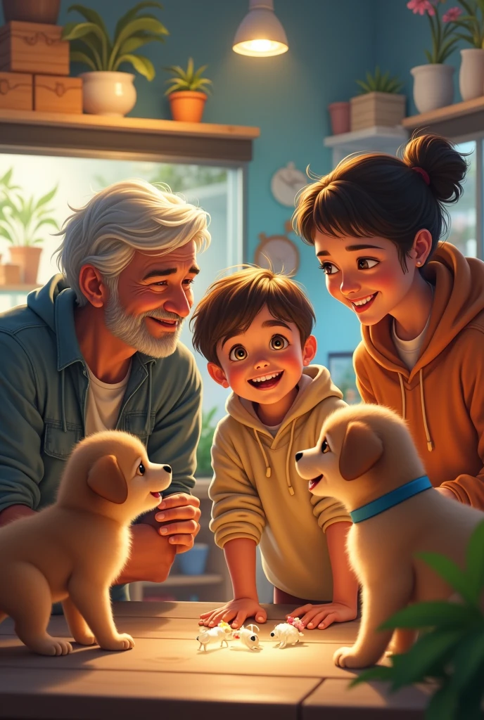 Boy in a house helping elderly people with his dog 