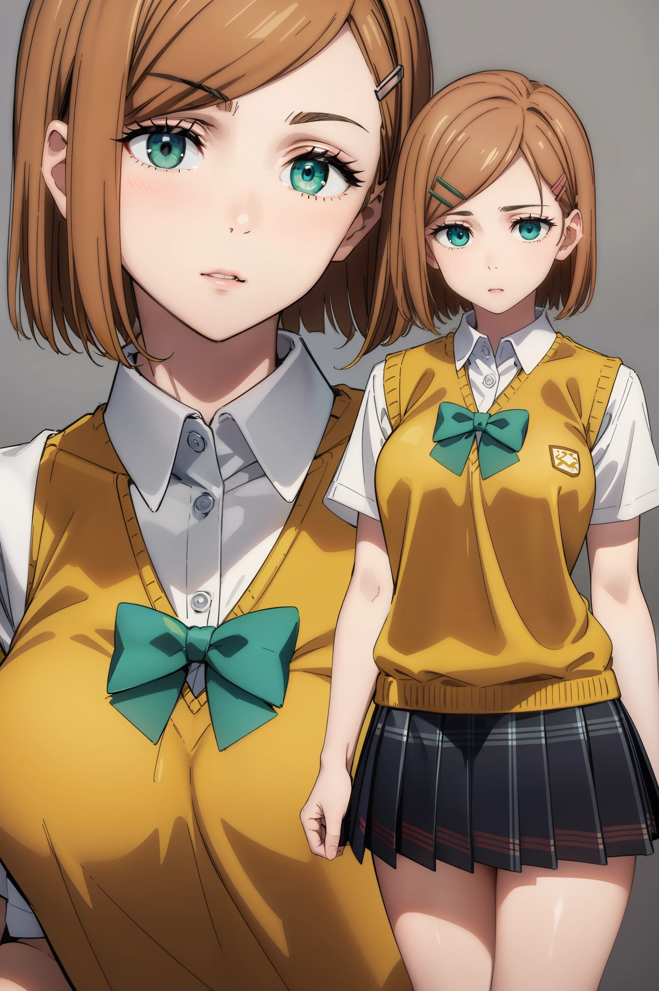 Nobara,
BREAK ((hairclip, green bowtie, yellow sweater vest, white shirt, short sleeves, green miniskirt, plaid:1.5)),
BREAK looking at viewer, oudoors,
BREAK (masterpiece:1.2), best quality, high resolution, unity 8k wallpaper,NSFW ,(illustration:0.8), (beautiful detailed eyes:1.6), extremely detailed face, perfect lighting, extremely detailed CG, (perfect hands, perfect anatomy),