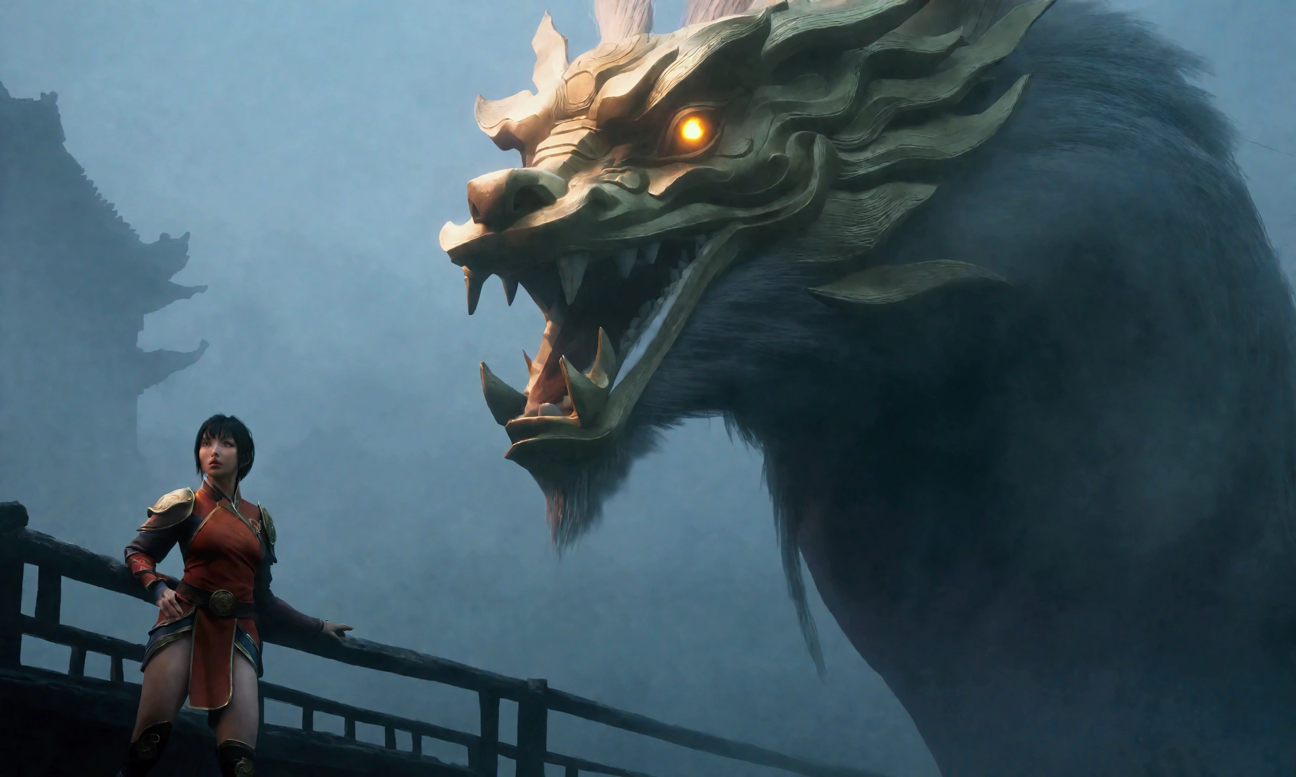 a cute woman in a sexy adventurer outfit, awestruck expression, an enormous Chinese dragon examining her with one eye, an ancient bridge in the fog, cinematic lighting, mist, atmospheric, fantasy, detailed digital art, masterpiece, 8k, photorealistic, ultra-detailed, vibrant colors, dramatic lighting
