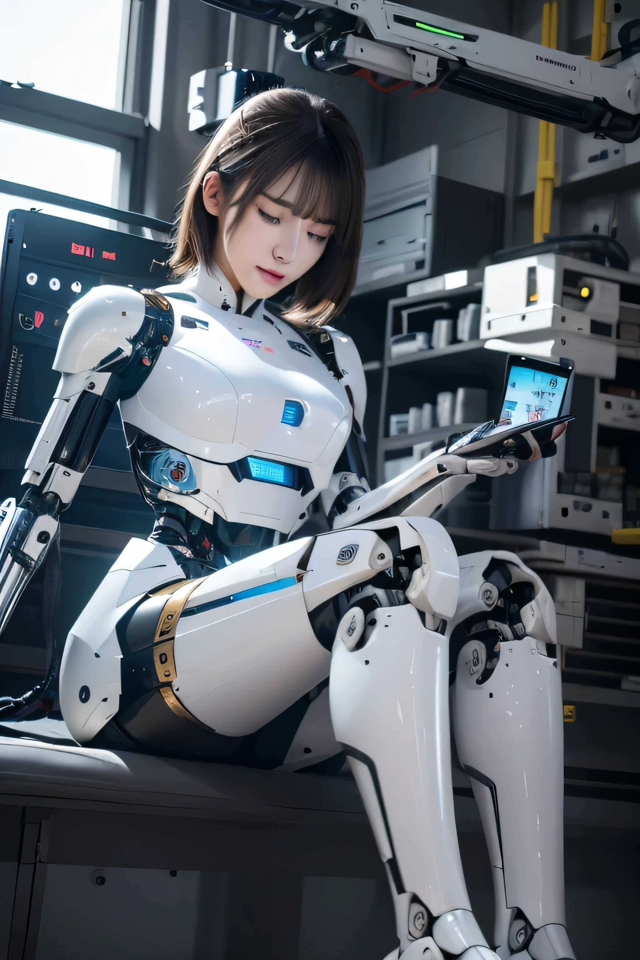 masterpiece, best quality, extremely detailed,8k portrait, Japanese android girl,Plump ,control panels,robot arms,robot,android,cyborg,white robot body,blunt bangs,robot repair plant,black knee high socks,（closing eyes:1.5）masterpiece, Best Quality, Illustration, Ultra-detailed, finely detail, hight resolution, 8K Wallpaper, Perfect dynamic composition, Beautiful detailed cyan colored eyes, suits,Medium Hair,  Natural Color Lip, Random and sexy poses,Smile,‎Classroom、20 years girl、lifelike face、real looking skin、Realistic blue eyes、cute little, robotic neck, robotic arms and legs, deep blue eyes, career woman robot, robot girl, cyborg, control panels, control monitor in chest, 8K, RAW photos, Best quality, Masterpiece: 1.2),(best qualtiy，8K, Yes，32K，masterpiece，hyper HD：1.2) , Generate a highly detailed and realistic 4K description of a robot woman in a career suit, emphasizing every detail, from her attire to the surrounding environment, skinny body, perfect body, beautifull face, asian face, glowing skin, cyborg girl, deep blue eyes, android robot, mechanical details, korean robot girl, robotic chest, add chest monitor, perfect blue eyes, control panels, japanese android woman,perfect robot girl,long tube,thick cable connected her neck,android,robot,humanoid,cyborg, japanese cyborg girl , She is reprogramming now,chest monitor