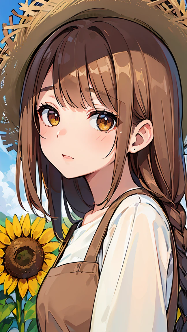 (((Best quality, 8k, Masterpiece: 1.3)), ((best quality)), ((masterpiece)), (detailed), perfect face, perfect body, (detailed skin:1.3), (intricate details), light brown hair, swept bangs, low-braided long hair, Straw hat, pinafore dress, sunflower field