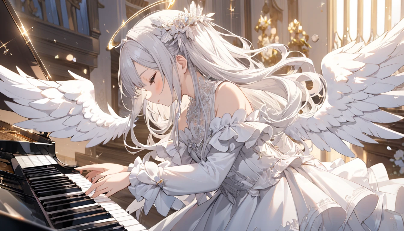 Very long hair、Silver Hair、Detailed sparkly eyes、Blue eyes、Three pairs of angel wings、Embarrassing、Nervous smile、shine、reflected light、Film Grain、masterpiece、Textured Skin、Super Detail、High Detail、high quality、最high quality、High Resolution、16K、shine、Monastic Clothes、Nuns、church、Stained glass. ((neko ears)), ((silver fox tail)), she's playing the piano while lots of white and black feather are falling from the sky. HDR, lots of light effects and lightflare.