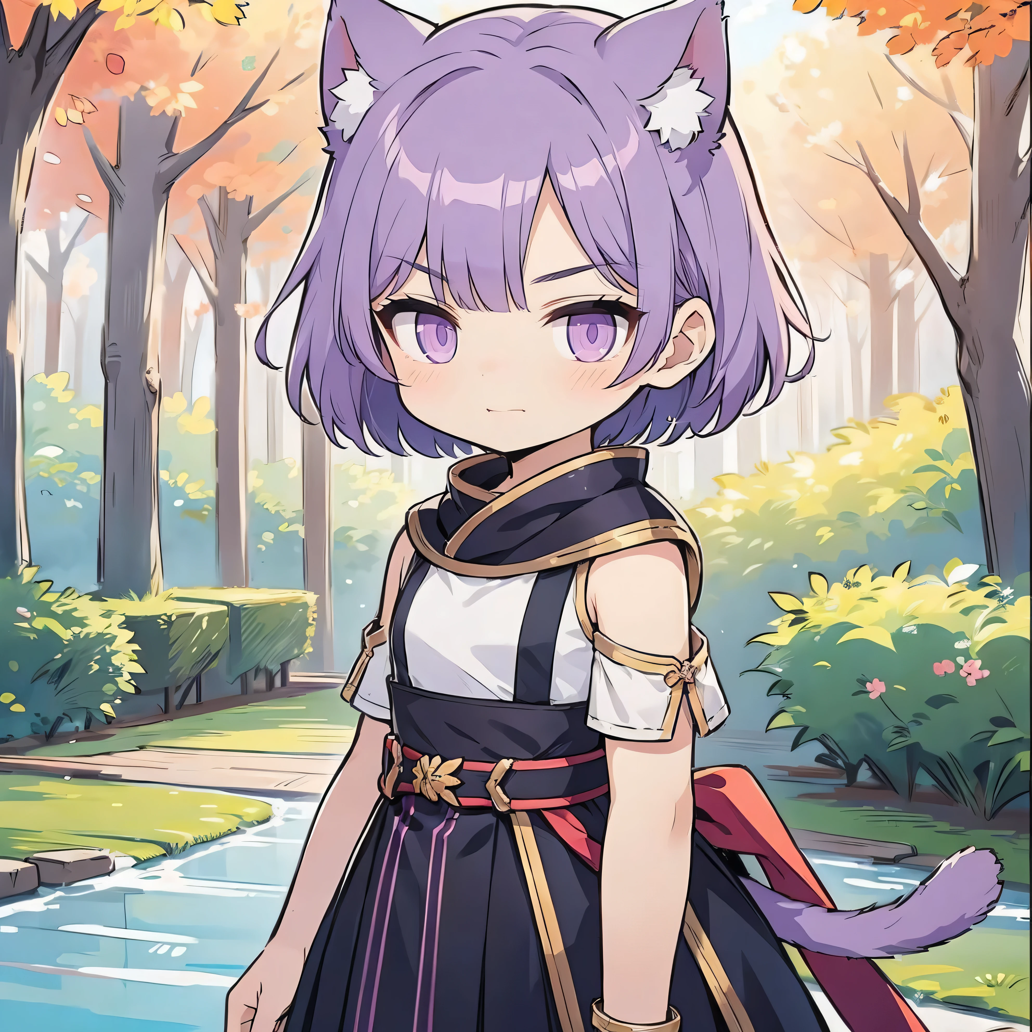  girl female warrior face, Short hair, cat ears, Low-saturated purple hair,  black eyes, Greek Female Warrior Outfit ,  face-oriented expression , Detailed expression , Natural background, Deep in the woods, tree, cloud, Sunset,  I'm looking at the audience with round eyes , A gentle smile,  half side 