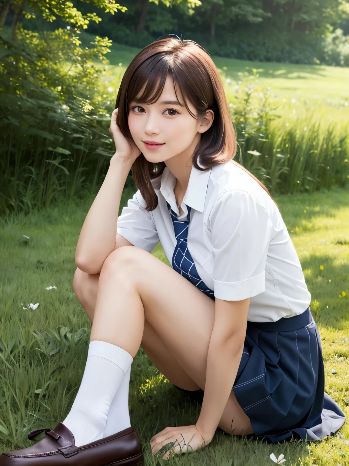 Pure Japanese school girl, wearing uniforms, natural hair styles, pure smile, refreshing in early summer morning sunlight, feeling soft breeze in hair, sitting and relaxing, little bit sexy mood, professional portrait photography, film photography, 35mm negative film,